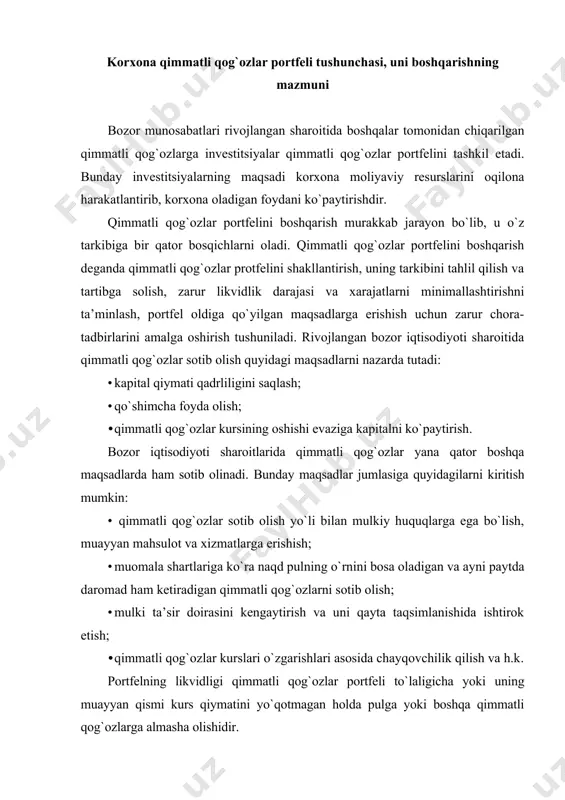 g`ozlar kurslari o`zgarishlari asosida chayqovchilik qilish va h.k. portfelning likvidligi qimmatli qog`ozlar portfeli to`laligicha yoki uning muayyan qismi kurs qiymatini yo`qotmagan holda pulga yoki boshqa qimmatli qog`ozlarga almasha olishidir. rivojlangan bozor iqtisodiyoti sharoitida qimmatli qog`ozlarning o`ndan ortik turlari mavjud bo`lib, ularning ayrim turlari o`z navbatida, turli shartlar asosida muomalaga chiqarilgan har xil shakllarga bo`linishi mumkin. quyidagilar qimmatli qog`ozlarning asosiy turlarini tashkil etadi: aksiya, veksel, fyuchers shartnoma, obligatsiya, davlat xazina majburiyatlari, opsion, varrant, banklarning jamg`arish va depozit sertifikatlari, konosament, mulkiy varaqa (masalan, uy-joy olish huquqini beruvchi qimmatli qog`oz). aksiya - bu aksiyadorlik jamiyatiga mablag` qo`yganlikni tasdiqlovchi va uning egasiga dividend shaklida aksiyadorlik jamiyati (korxona) daromadining bir qismini olish huquqini beradigan qimmatli qog`ozdir. aksiyalar muomalaga harakat etishi belgilanmagan muddatga chiqariladi. obligatsiya - bu egasi pul mablag`larini o`tkazganligini tasdiqlaydigan va belgilangan ma’lum muddatga, qat’iy foiz to`lov bilan chiqarilgan qimmatbaho qog`ozdir. obligatsiya belgilangan ma’lum muddatga chiqariladi. davlat xazina majburiyatlari - davlat qimmatli qog`ozlari turi …