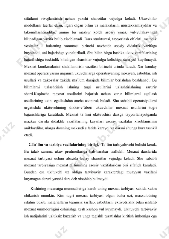 hu sababli mexnat tarbiyasiga mexnat ta`limining asosiy vazifalaridan biri sifatida karaladi. bundan esa ukituvchi uz oldiga tarviyaviy xarakterdagi muayyan vazifani kuymagan darsni yaxshi dars deb xisoblab bulmaydi. kishining mexnatga munosabatiga karab uning mexnat tarbiyasi xakida xukm chikarish mumkin. kim tugri mexnat tarbiyasi olgan bulsa uzi, maxsulotning sifatini buzib, materiallarni tejamsiz sarflab, asboblarni extiyotsizlik bilan ishlatib mexnat unimdorligini oshirishga xesh kashon yul kuymaydi. ukituvchi tarbiyaviy ish natijalarini uzluksiz kuzatish va unga tegishli tuzatishlar kiritish imkoniga ega buladi. xar bir darsdagi ta`lim protsessi ukuvchilarda mexnatga muxabbat uygatadigan yusinda tashkil kilinishi kerak. buning uchun ukituvchi ish ob`ektini tanlashda fakat uning dastur talablariga mosligi xakida emas, ukuvchilarda kanday kizikish, jonlanish uygotishi, ya`ni ularni kiziktirish, musabakaga ragbatlantirish va xakozalar xakida xam uylashi kerak. ukuvchilarga ish urnini tayyorlamasdan turib ishlashga kirishmaslik, nasoz asboblar bilan ishlamaslik kabi mexnat madaniyatining ma`lum koidalarini singdirish kerak. agar ukituvchi xar darsda talablarni bushashtirmay bu koidalarning bajarilishini kuzatib borsa, ular odat tusiga …