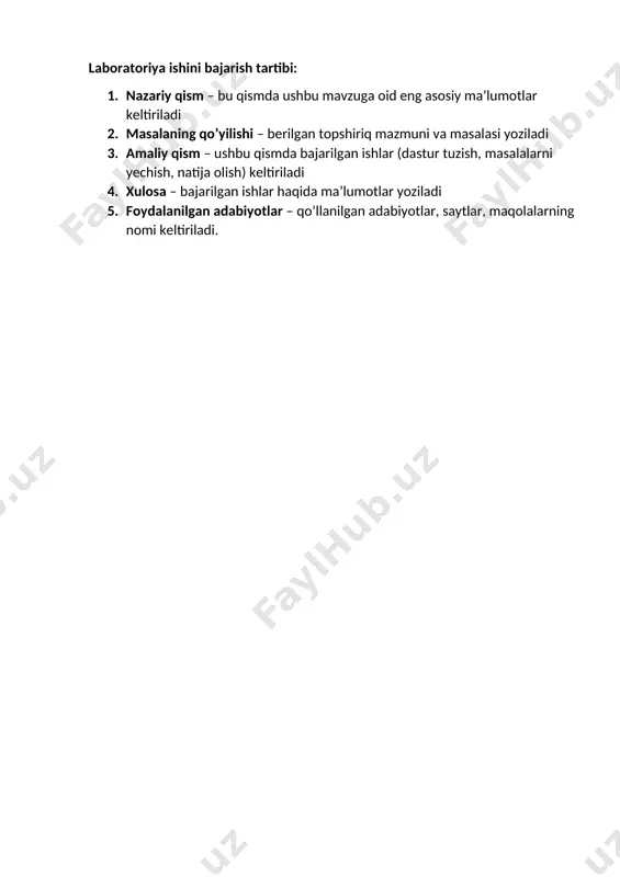 ratoriya mashg’uloti bo’yicha topshiriqlar. mavzu: binar uyum(kucha)ni mashina xotirasida ifodalash. uyum(kucha)larni saralash (heap-sort). heap-sort algoritmi murakkabligini baholash. vazifalar: 1) binar uyum (kucha) ni kompyuter xotirasiga kiritish dasturini tuzing 2) uyum(kucha)larni saralash algoritmining dastur kodini yozing 3) heap-sort algoritmining murakkabligini baholang 7-laboratoriya mashg’uloti bo’yicha topshiriqlar. mavzu: ketma-ketlikni qurish algoritmlari. tekislikda chiziqlar kesishgan sohalarni qidirish algoritmi(sweep line). triangulatsiya algoritmlari vazifalar: 1) ketma-ketlikni qurish algoritmlari dasturini tuzing 2) tekislikda chiziqlar kesishgan sohalarni qidirish algoritmining dastur kodi (sweep line) 3) triangulatsiya algoritmlari dasturini tuzing. 8-laboratoriya mashg’uloti bo’yicha topshiriqlar. hesh funksiya tushunchasi, hesh funksiyalarga misollar. universial heshlash. hesh funksiyasini tanlashning evristik usullari. vazifalar: 1. c++ tilida hesh-funksiyalarni realizatsiya qilish va uning barcha metodlarini qo’llash 2. hesh funksiya hosil qilish 9-10-laboratoriya mashg’uloti bo’yicha topshiriqlar kruskal algoritmi. yarnik-prim algoritmi. union-find ma`lumotlar strukturasi. vazifalar: 1. kruskal algoritmi dasturini tuzish 2. yarnik-prim algoritmi dasturini tuzish 3. union-find ma’lumotlar strukturasi 11-laboratoriya mashg’uloti bo’yicha topshiriqlar knut-morris-pratt algoritmi. prefiks funksiya. boyer-mura algoritmi …