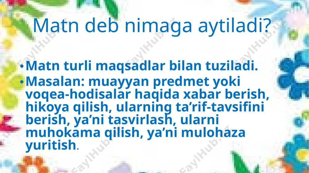 yilgan. karavotlarda chiroyli ko‘rpa va yostiqlar bor. hovlidagi gulzor va mevali daraxtlar ko‘zingizni quvnatadi. daraxtlar tagiga qo‘yilgan kattagina so‘rida yoz oylarida miriqib dam olish mumkin. («o‘zbek tilini o‘rganamiz» kitobidan) tasviriy matn sarlavha: yangi hovli, bizning uy jannatmakon xonadon g’oya: hovlining naqadar ko’rkamligi, undagi har bir detallaning chiroyliligini ta’riflash . matn turi: tasviriy matn ijodkor mahorati: hovlidagi har bir narsaning o’z o’rni va ahamiyati ta’riflangan. matn tili:chiroyli eshik, besh xonali uy, oppoq rangdagi derazalarning yaltirashi, guldor gilam, chiroyli ko‘rpa va yostiqlar, gulzor va mevali daraxtlar muhokama matni navro‘z o‘zbek xalqining shunday bir qadriyatiki, u millatning borligini, ulug‘ligini namoyon etadi. navro‘z, hech bir shubhasiz, xalqimiz bilan birga yashab, birga ulg‘ayib, taraqqiy topgan bayramdir. xalq tarixi va madaniyatining ajralmas qismi bo‘lgan navro‘z qanchalik ko‘hna ildizlarga ega bo‘lsa, ayni paytda shunchalik har yili biz bilan yonma-yon yangilanib, qayta quvvatga kiradi. ushbu bayramga munosabat xalqimizning o‘tmishi, buguni va kelajagiga munosabatning ramzi sifatida ham namoyon bo‘ladi …