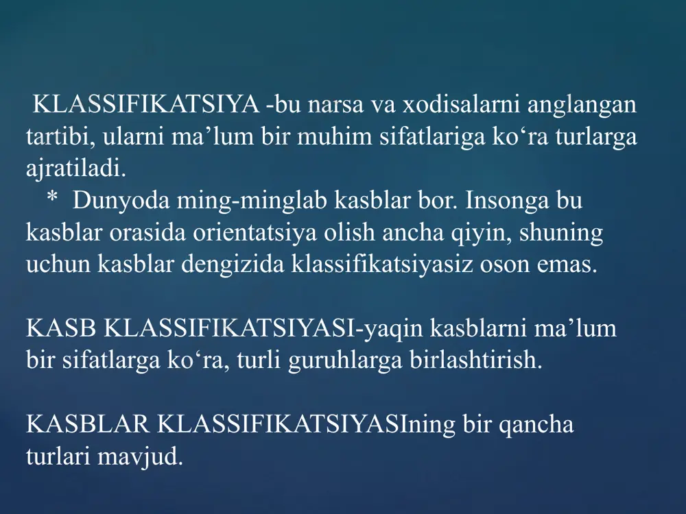 agi yo‘nalishlardagi chora-tadbirlarni qo‘llash tavsiya etiladi. * har bir xodimni tanlash va ishga tayinlashda qiziqishlarini inobatga olish; * xodimlarga aniq vazifalar, topshiriqlar berish, ularning bajarilishi uchun barcha chora-tadbirlarni ko‘rish; * xodimlarga hamkasblar bilan muomala qilish madaniyatini, ruhiy aloqa o‘rnatish mahoratini o‘rgatish; * xizmat vazifasini bajarishda ishga ijodiy yondashuvchi, chigal masalalarning yechimini tezlikda topuvchi, muammolarni hal qilishda ilm-fan yutuqlaridan unumli foydalanuvchi xodimlarni taqdirlash, izzat-hurmatini joyiga qo‘yish; * qo‘l ostidagilarni o‘z ishini o‘zi tahlil qilishga, o‘zini- o‘zi nazorat qilishga o‘rgatish; * xodimlarning bo‘sh vaqtlaridan samarali foydalanishlari uchun, oilasining tinchligi, hayotining sermazmun bo‘lishi uchun g‘amxo‘rlik qilish; * jismonan chiniqtirish va chidamliligini oshirish. xulosa biz mavzuimiz davomida qanday kasblar va ularning tizimi (klassifikatsiyasi) borligini va kasbiy buzilishlar haqida bilib oldik. shuningdek bo‘lg‘usi kasb tanlash mezonlari haqida tanishib oldik. e’tiboringiz uchun rahmat image2.jpeg image3.jpeg image4.jpeg image5.png