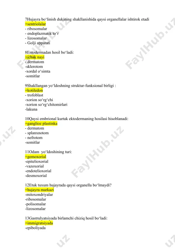 erilgan: +bazal, tikanaksimon, donador, yaltiroq, muguz -bazal, donador, tikanasimon, yaltiroq, muguz -bazal, yaltiroq, tikanaksimon, donador, muguz -bazal, tikanaksimon, yaltiroq, donador, muguz -bazal, tikanaksimon, donador, muguz, yaltiroq #16bez hujayralarining apokrin sekretsiyasida: +hujayralarning apikal qismi parchalanadi -hujayra tuzilmalari to’liq parchalanadi -hujayralarning bazal qismi qisman parchalanadi -hujayralar yadrosi parchalanadi -hujayra tuzilmalari parchalanmaydi #17ekzokrin bezlarning morfologik klassifikatsiyasi asoslangan: +oxirgi bo‘limlari va naylarining tuzilishiga -sekretini ajratish usuliga -sekretining kimeviy tarkibiga -oxirgi bo‘limlarining joylashishishga -bezlarning taraqqiyot manbalariga #18gistaminni kamaytirishda qatnashadigan leykotsitlar: +eozinofillar -neytrofillar -bazofillar -limfotsitlar -monotsitlar #19quyidagi a'zolardan qaysi birida faqat xomila davrida qon yaratiladi: +jigarda -suyak kumigida -taloqda -limfa tugunida -timusda #20eritropoezning qaysi davrida yadrolari chiqib ketadi: +oksifil normotsitda -bazofil normotsitda -eritroblastda -proeritroblastda -polixromatofil normotsitda #21osteon bu: +naysimon suyakning struktur-funksional birligi -suyak to’qimasining xujayrasi -suyak to’qimasining oraliq moddasi -suyak to’qimasining rivojlanish manbai -osteogen xujayralar #22plazmatik hujayralarga yahshi rivojlangan organellani aniqlang: +donador endoplazmatik to‘r -ribosoma va polisomalar -golji kompleksi -mitoxondriya -lizosoma. #23makrofaglarga yahshi rivojlangan organellani aniqlang: …
