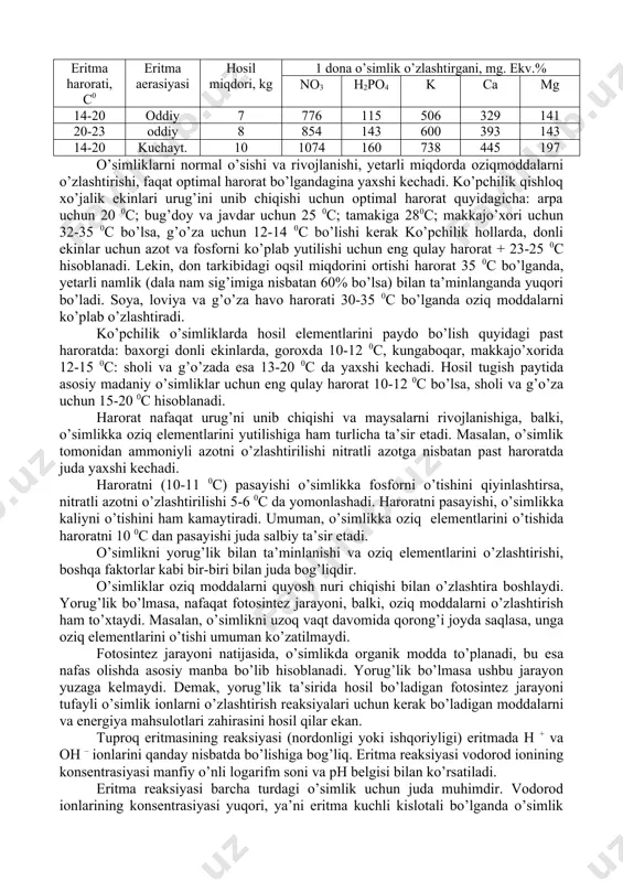 ziologik nordon yoki ishqoriy o’g’itlar qo’llanilganda tuproqning nordonligini yoki ishqoriyligini ortishi ta’sirida eritma muhitining o’zgarishiga qarshi tura olish qobiliyati tushuniladi. buferlik- tuproqlar eritmasining muhitini doimiyligini, holatini saqlab turishini, hamda tashqi muhitning turli xil reaksiyalariga qarshilik qobiliyatini birmuncha oshiradi. tuproqning nordonli reaksiyaga nisbatan buferligi tuproq tarkibidagi karbonatlarga, ayniqsa, kalsiy karbonat miqdoriga bog’liq. bo’z tuproqlarga (karbonat bilan ko’plab tuyingan) solingan ammoniy sulfat kabi fiziologik nordon o’g’itlar karbonat bilan reaksiyaga kirishib, uning ta’sirida neytrallanadi va eritma muhitining reaksiyasi o’zgarmaydi: tuproq: caco3 + (nh4)2so4 = caso4 + (nh4)2co3 tuproqlarning singdiruvchi kompleksi asoslari bilan to’yingan (bo’z, kashtan, qora tuproqlar) bo’lsa, ular nordonli muhitga qarshi buferlik xususiyatiga ega, aksincha, asoslar bilan to’yinmagan tuproqlar (podzol, qizil tuproq va boshqalar) esa muhitga qarshi buferlik qobiliyatiga ega: mdh respublikalarida dehqonchilik qilinadigan yerlarning ko’p qismini nordonli va ishqorli sho’rtob tuproqlar tashkil qiladi. nordonli tuproqlarning singdirish kompleksida ko’plab vodorod va alyuminiy kationlari, sho’rtoblarda (ishqoriylarda) esa natriy kationini ko’p miqdorda bo’lishi-tuproqlarning fizikaviy,fizik-kimeviy, …