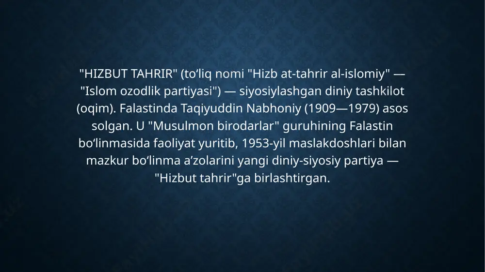 darajasida "musoid" (yordamchi)ga boʻysunadilar. musoidlar faoliyati mintaqaviy rahbar — "muʼtamad" (ishonchli) tomonidan boshqariladi. tashkilot rahbari — "al-amirul-aʼzam" (bosh boshqaruvchi) tashkilotning oliy boʻgʻini — "qiyodat" (boshqaruv rayosati) orqali muʼtamadlarning faoliyat yoʻnalishini belgilab turadi. bunday tuzilish tashkilot faoliyatini mumkin qadar yashirin olib borish imkonini beradi. hizbut tahrir" oʻz rahbariyati, qarorgohi va moliya manbalarini qatiy sir tutadi. maʼlumotlarga koʻra, nabhoniyning vafotidan soʻng, 1979—2003-yillarda tashkilotga falastinlik abdul qadim zallum (1923—2003) rahbarlik qilgan. 2003-yildan boshlab esa "hizbut tahrir" ga iordaniya fuqarosi alo abu rushta ("abu yosin") yetakchilik qiladi. u oʻz mamlakatida ekstremistik faoliyati uchun bir necha marta qamoq jazosini oʻtagan. nabhoniy dastavval maqsad sifatida falastinda shariat asosidagi davlat qurishni eʼtirof etgan. keyinchalik esa u partiyaning asosiy maqsadi — musulmon dunyosini birlashtiruvchi yagona xalifalik davlatini qurish, deb eʼlon qildi. "hizbut tahrir" faoliyati 1950—60 yillarda yaqin sharqda, 1970—80 yillarda janubiy osiyoda, 1990-yillarda markaziy osiyoda va mdhga aʼzo boʻlgan baʼzi mamlakatlarga tarqaldi. tashkilot gʻarbiy yevropadagi bir necha mamlakatlarda …