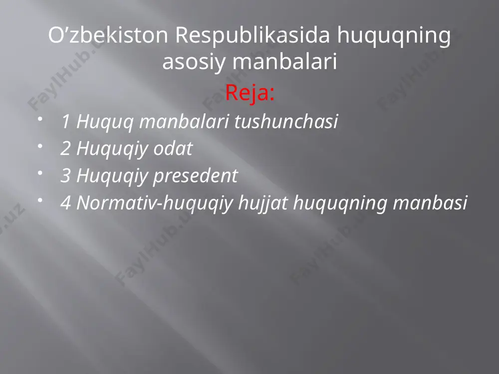 rning qo’llanilishi bilan bog’liq qoidalar o’z ifodasini topgan. mamlakatimizda ham huquqiy odat muayyan darajada huquq manbasi sifatida e’tirof etilgan.xususan milliy qadriyatlarimiz rasmiy ravishda bayram sifatida etirof etilib mehnat qonunchiligida dam olish kunlari sifatida rasmiy belgilab qo’yilgan 3 huquqiy pretsedent (lot. “praecedens” avvalgisi, oldingisi)-sud yoki ma’muriy organning yozma yoki og’zaki qarori bo’lib bu qaror kelgusida barcha shunga o’xshash ishlarni ko’rib chiqish va hal qilish uchun asos bo’ladigan namuna normadir. huquqiy pretsedentning sud va ma’muriy pretsedent shakllari mavjud.huquqiy pretsedentning sud pretsedenti shakli aqsh,avstraliya,buyuk biritaniya kanada va yangi zenlandiya kabi umumiy huquq amalda bo’lgan davlatlarda huquqning manbasi sifatida keng qo’llaniladi. pretsedent avval sodir bo’lgan vaziyat yana yuzaga kelganda qanday yo’l tutish lozimligini anglatadi va o’ziga xos namuna sifatida qabul qilinishi tushuniladi. sud pretsedenti – bu muayyan ish bo’yicha sudning shunday qaroriki u boshqa sudyalarga kelgusida shunga o’xshash ishlarni xal qilishda qanday qaror qabul qilish lozimligini ko’rsatadi. sud pretsedentlarining ikki turi mavjud: deklarativ va …