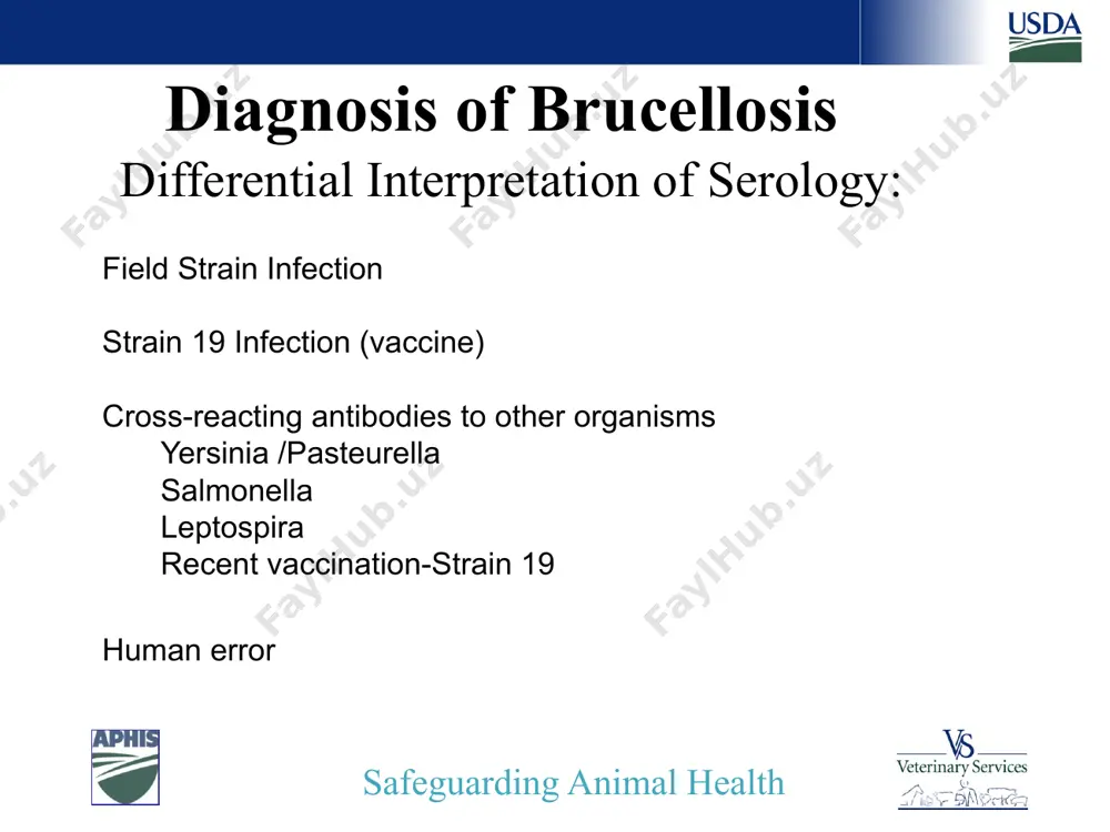 sensitive tests don’t miss positives. we want a screening test with a high sensitivity 25 specificity example 110 cattle 10 are infected 100 bru free 3/15/2017 26 safeguarding animal health test a traceback herd specificity if 100 are truly non-infected test specificity = 95% 5 test positive (“false” positive) 95 test negative 95 correctly classified by test 5 misclassified by test 3/15/2017 27 safeguarding animal health diagnostic tests diagnostic tests are not perfect indicators of disease tests have a rate of false responses: false negatives = diseased animals that test (-) false positives = healthy animals that test (+) *so test result does not always equal disease status! 3/15/2017 28 safeguarding animal health diagnostic tests tests with high sensitivity: generally used for screening ideal screening tests: high sensitivity, quick low cost high sensitivity---don’t miss positives tests with high specificity: generally used for confirmation high specificity---don’t miss negatives 3/15/2017 29 safeguarding …