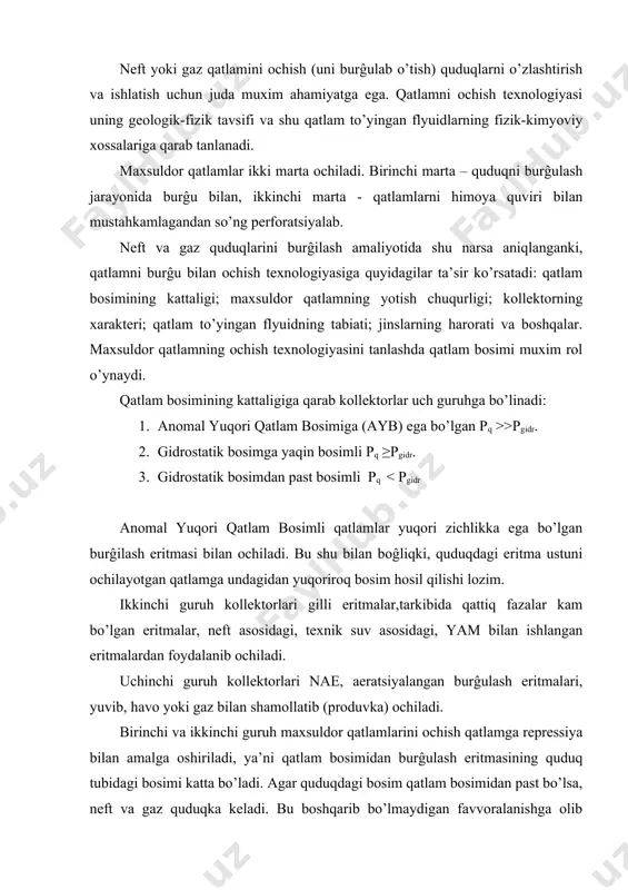 bidagi bosimi katta bo’ladi. agar quduqdagi bosim qatlam bosimidan past bo’lsa, neft va gaz quduqka keladi. bu boshqarib bo’lmaydigan favvoralanishga olib kelishi mumkin. repressiya mavjud bo’lganda qatlamga burĝilash eritmasining filtratlari va qattiq fazaning mayda zarrachalari kiradi, yutilish bo’lganda burĝulash eritmasi kiradi. bularning hammasi quduq tubi atrofida qatlamning tabiiy o’tkazuvchanligini pasaytiradi. shuning uchun maxsuldor qatlamni ochishning har qanday usulini asosiy vazifasi qatlamning tabiiy ko’rsatkichlarini saqlab qolish hisoblanadi. buning uchun burĝulash eritmasining parametrlarini shunday tanlash kerakki, yutilish va neft va gaz hosil bo’lishi mumkinlik extimoli minimal bo’lsin (qatlam bosimidan 0,5-1,0 mпa yuqori). quduq tubi konstruktsiyasi. quduqlarning texnik holati ular tubining konstruktsiyasi, mustahkamlov tizmasining sementlash mustahkamligi va sifati, quduq oĝzi jixozlarining ishonchliligi va germetikligi - quduqlarni samarali o’zlashtirish, ularni uzoq muddat ishlatishning asosi hisoblanadi. maxsuldor qatlamni mustahkamlash usullari o’zlashtirish samaradorligiga, qatlamni boshlanĝich debiti ko’rsatkichi hamda uning neftberuvchanligiga katta ta’sir ko’rsatadi. ular qatlamni holati, xususiyatlari va quduq konstruktsiyasi bilan aniqlanadi. agar maxsuldor qatlam qattiq …