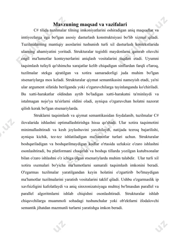 onstruktor mavjud. bundan tashqari, ma'lum qiymatlar bilan maydonlarni ishga tushirish uchun maxsus konstruktorlar aniqlanishi mumkin. c# 7.2 to'g'ridan-to'g'ri struktura deklaratsiyasida parametrsiz konstruktorlar va maydon initsializatorlarini aniqlash imkoniyatini taqdim etdi. sinflardan farqli o'laroq, tuzilmalar meros yoki yakunlovchilarni (destruktorlarni) qo'llab-quvvatlamaydi. ularda aniq parametrsiz konstruktorlar bo'lishi mumkin emas, chunki ular doimo yashirin standart konstruktorga ega. strukturalarga null qiymat berish mumkin emas, chunki ular qiymat turlari. strukturalar odatda nuqtalar, to'rtburchaklar, murakkab sonlar va tegishli ma'lumotlarning boshqa kichik agregatlari kabi oddiy ma'lumotlar turlarini ko'rsatish uchun ishlatiladi. ular xotira samaradorligi, ishlash va qiymat semantikasi muhim ahamiyatga ega bo'lgan stsenariylar uchun javob beradi. strukturalar o'zaro ishlash stsenariylarida hal qiluvchi rol o'ynaydi, bu boshqariladigan c# kodi va boshqarilmaydigan kod yoki c yoki c++ kabi tillarda yozilgan kutubxonalar o'rtasida uzluksiz o'zaro ta'sir o'tkazish imkonini beradi.ular turli xil xotira sxemalari o'rtasida ma'lumotlarni samarali taqsimlashni ta'minlaydi. strukturalar o'zgarmas bo'lishi mumkin, ya'ni ularning holati yaratilgandan keyin o'zgartirilmaydi. o'zgarmas tuzilmalar, ayniqsa, ko'p oqimli …