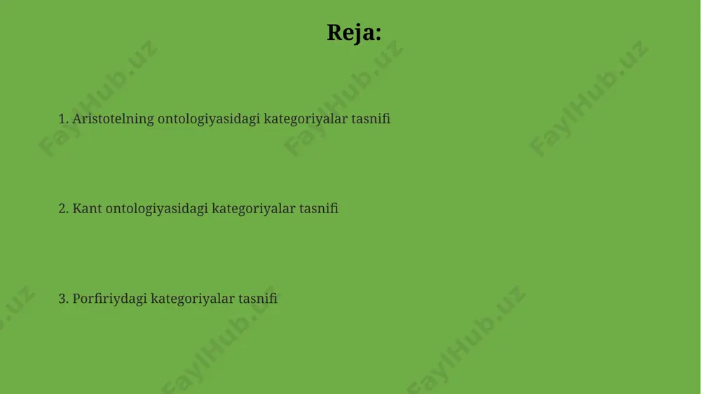 10 ta asosiy toifasi va porfiryning "isagoge"sidagi 5 ta predikat turlari o'rtasidagi asosiy farq, aristotelning kategoriyalari ontologik bo'lsa, porfiryning turlari mantiqqa yo'naltirilgan. uch ontologiya ham mavjudotni tasniflashga harakat qilsa-da, ularning usullari – aristotelning substansiya va aksidentlari, porfiryning jinsi va turi, kantning transendental kategoriyalari – sezilarli darajada farq qiladi. porfiriy va kant ontologiyalarining taqqoslashi porfiriyning 5 ta predikatlar zanjiri (genus, species, differentia, proprium, accidens) ga asoslangan kategoriyalar tasnifi, kantning 12 ta toza tushunchalariga asoslangan kategoriyalar sistemasidan tubdan farq qiladi. porfiriyning kategoriyalar sistemasida ierarxik tuzilma aniq ifodalangan boʻlsa, kantning transandantal mantigʻida kategoriyalar oʻrtasidagi munosabatlar murakkabroq va sistematik jihatdan kamroq aniqlanadi. kant ontologiyasida kategoriyalar tajriba oldidan mavjud boʻlgan aqlning shakllari sifatida koʻrib chiqiladi, porfiriydagi kategoriyalar esa obʼyektiv dunyoning oʻziga xos xususiyatlarini aks ettiruvchi universalialardir. aristotel va porfiriy ontologiyalarining taqqoslashi aristotelning 10 ta asosiy kategoriyasi, porfiriyning esa beshta predmetga oid (genus, species, differentia, proprium, accidens) toifalariga asoslangan tasnifi bilan farq qiladi. porfiriyning "isagoge" asari …