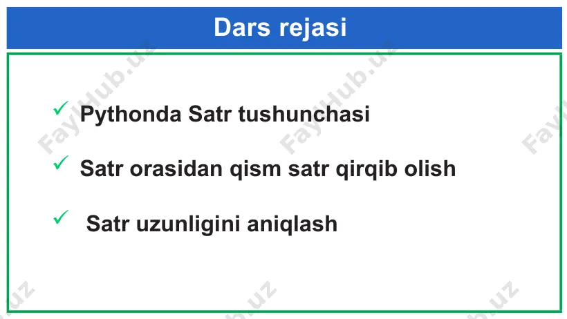 lash mumkin. phyton barcha belgi va probellar sonini o‘zi hisoblab chiqaradi. mustaqil bajarish uchun topshiriqlar 1. “gul”, “is”, “ton” qism so‘zlaridan so‘z yasang. 2. ismingizni ekranga 5 marta chiqarish dasturini tuzing. 3. sinf (masalan, 9) vа ism (masalan, dilshod) foydalanuvchi tomonidan kiritiladi. “меn 9-sinf o‘quvchisi – dilshodman” satrini chiqaruvchi dastur chizing. image1.png image2.png image3.png image4.png image5.png image6.png