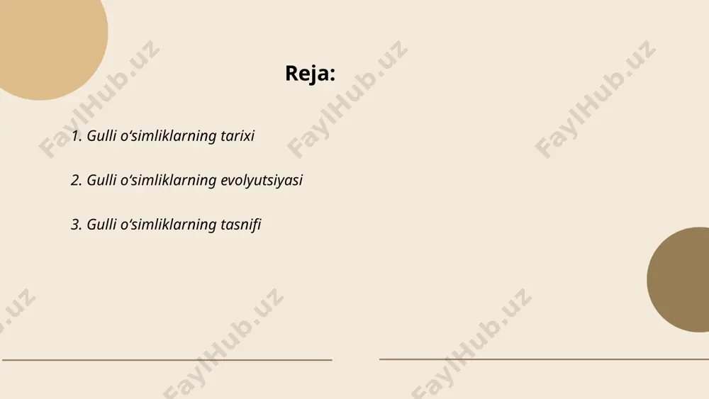 rga ega va yer yuzidagi barcha oʻsimlik turlarining 80% dan ortigʻini tashkil qiladi. ular oziq-ovqat, dorivor, sanoat va bezak maqsadlarida keng qoʻllanadi. gulli oʻsimliklarning evolyutsion yoshi taxminan 140 million yilni tashkil etadi. oʻsimliklar erta kretasey davrida paydo boʻlib, tezda dunyo boʻylab tarqalgan. ... t.me/slaydai_bot 4. gulli oʻsimliklarning genetik o'zgarishi gulli oʻsimliklarning genetik o'zgarishi seleksiya va biotexnologiya orqali o'rganiladi. ularning genetik moddasi dnkda joylashgan va o'zgarishlar mutatsiyalar, rekombinatsiyalar yoki genetik muhandislik bilan amalga oshirilishi mumkin. ushbu jarayonlarda crispr kabi texnologiyalar qo'llaniladi. masalan, crispr texnologiyasi orqali genetik modifikatsiya qilishda 40% muvaffaqiyat darajasi qayd etilgan. statistikaga ko'ra, dunyodagi ekinlarning 70% dan ortig'i o'simliklarning genetik modifikatsiyasi orqali olingan. har yili taxminan 20 ta yangi genetik modifikatsiya qilingan o'simlik navlari tasdiqlanadi va ular qishloq xo'jaligi mahsuldorligini oshirishga xizmat qiladi. ... t.me/slaydai_bot gulli oʻsimliklar (angiospermalar) yer yuzida eng keng tarqalgan oʻsimliklar hisoblanadi. ularning 300 000 dan ortiq turi ma’lum. ushbu oʻsimliklar ikki sinfga boʻlinadi: bir pallalilar …