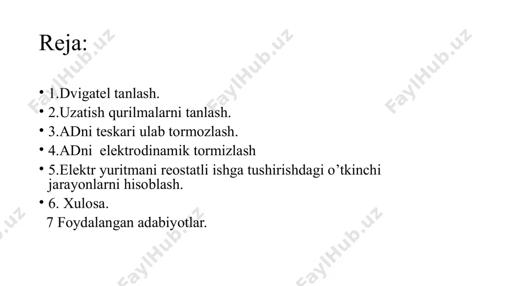 i, static yuklamalarni o’zgarishidagi o’tkinchi jarayonlar ta’sir etishini yodda tutish lozim. tanlangan dvigatelni o’tkinchi jarayonlari va dinamik yuklamalari hisoblanib tekshiriladi, ya’ni m = mc + j(dω/dt) bu erda, m – dvigatel validagi moment, mc – ishchi mexanizmni static moment, j(dω/dt) – o’tinchi jarayonlarda hosil bo’ladigan dinamik moment. 6.2. dvigatel tanlash. ishchi mexanizmning yuklanish diagrammasi mc = f(t) ni 6.1-jadval kattaliklari bo’yicha quriladi. 6.1 –jadval: ishchi mexanizmining yuklanish diagrammasi a-variant mc , nm 1300 1100 1200 900 1000 1050 700 ωm = 58 rad/sek t, sek 40 20 40 25 50 60 25 jm = 10 kg∙m2 elektr yuritmani ish rejimi – davomiy uzatma – 2 pog’onali reduktor, ƞr = 0,96 dvigatel turi – mq o‘td dvigatelning quvvatini ekvivalent static moment bo’yicha aniqlash mumkin uzatish qurilmasini tanlash. uzatish qurilmasi (uq) elektrodvigatel va ishchi mexanizmning harakatlarini uyg’unlashtirish uchun xizmat qiladi. bundan tashqari uq mexanizm tomonidan dvigatelga tushadigan yuklamani 1 barobarga kamaytiradi. uzatish …