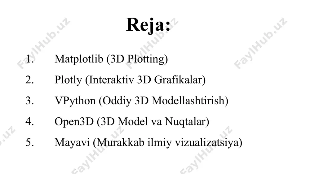 ar) bu kutubxona 3d skaner ma’lumotlarini qayta ishlash va chuqur tahlillar uchun ishlatiladi. pip install open3d import open3d as o3d import numpy as np points = np.random.rand(1000, 3) pcd = o3d.geometry.pointcloud() pcd.points = o3d.utility.vector3dvector(points) colors = np.random.rand(1000, 3) pcd.colors = o3d.utility.vector3dvector(colors) pcd.estimate_normals() o3d.visualization.draw_geometries([pcd], window_name="3d nuqta to‘plami", width=800, height=600) mayavi – bu 3d grafikalar va ilmiy vizualizatsiya uchun mo‘ljallangan python kutubxonasi. u vtk (visualization toolkit) asosida ishlaydi va katta hajmdagi ilmiy ma’lumotlarni vizual ko‘rinishda taqdim etish uchun juda mos keladi. mayavi matplotlib va plotly kabi kutubxonalardan farqli o‘laroq, asosan hajmli (volume rendering) va vektorli vizualizatsiyalar uchun ishlatiladi. mayavi (murakkab ilmiy vizualizatsiya) pip install vtk pyqt5 pip install mayavi mayavi ilmiy hisob-kitoblar uchun juda kuchli 3d vosita. # author: gael varoquaux # copyright (c) 2007, enthought, inc. # license: bsd style. from numpy import sin, cos, mgrid, pi, sqrt from mayavi import mlab mlab.figure(fgcolor=(0, 0, 0), bgcolor=(1, 1, 1)) u, v = …