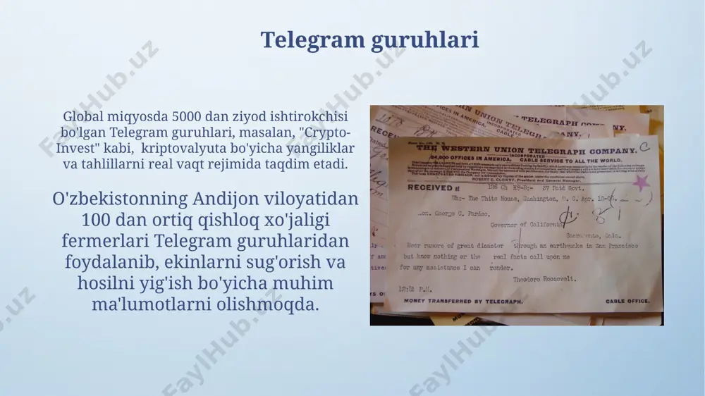 ilarga 200 dan ortiq mamlakatda, jumladan, oʻzbekiston, rossiya va aqshda, turli xil qurilmalar orqali bir xil qulaylik bilan muloqot qilish imkoniyatini beradi. telegram interfeysining noyob xususiyati – bu maxfiy chatlar va oʻz-oʻzini yoʻq qilish funksiyasi boʻlib, xabarlar 1 soniyadan 1 haftagacha vaqtdan keyin avtomatik ravishda yoʻq boʻlib ketishi mumkin. telegram botlari telegram botlarini yaratishda 200 dan ortiq turli xil kutubxonalar va api’lar mavjud bo'lib, ularning ko'pchiligi python yoki node.js kabi mashhur dasturlash tillarida yozilgan va dunyoning har qayeridan foydalanish mumkin. o'zbekistonda 5000 dan ortiq faol telegram botlari mavjud bo'lib, ularning ko'plari elektron tijorat, ta'lim yoki axborot tarqatish kabi xizmatlarni taqdim etadi, shu jumladan toshkent shahrida joylashgan kompaniyalar tomonidan yaratilganlari ham bor. telegram kanallari telegram kanallarida joylashtirilgan video va audio materiallar soni 2022-yilga nisbatan 30% ga oshdi, bu esa toshkent kabi yirik shaharlarda ham, viloyatlardagi kichik aholi punktlarida ham ma'lumot tarqalishini tezlashtirdi. dunyoning 100 dan ortiq mamlakatidan foydalanuvchilarga ega bo'lgan telegram …
