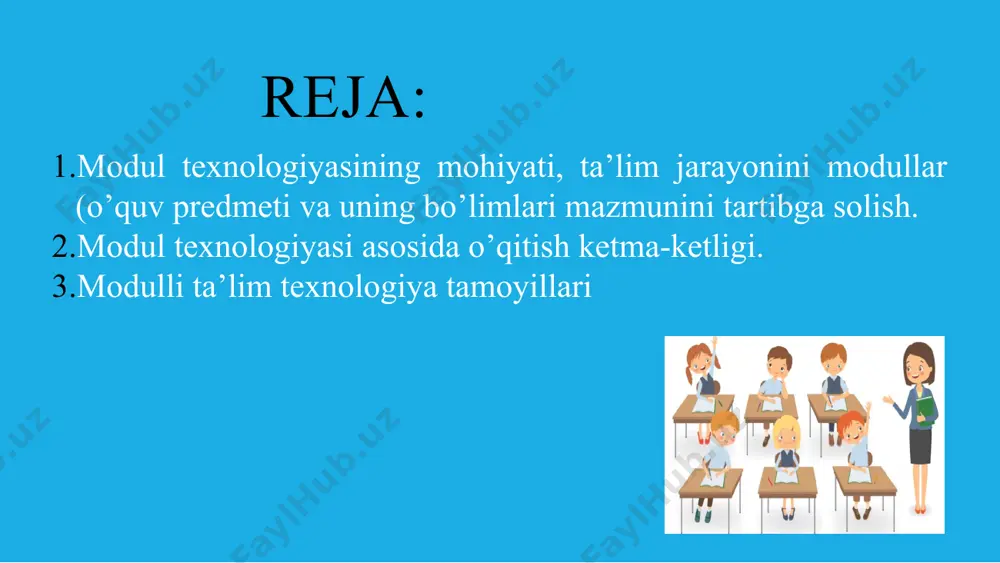 t, ramzlar va so’z bilan berilishi mumkin. modellashtirish turlari tafakkurni modellash; immitatsion rollarga bo’lib modellash; tutashtiriluvchi chiziqlar usulida modellash modulli texnologiyaning mohiyati ta`lim jarayonini modullar asosida loyihalashtirish, ya`ni o’quv predmeti va uning bo’limlari mazmunini tartibga solish. ta`limning muayyan bosqichidan boshlab bo’linmaydigan kasbiy faoliyatni mantiqan tugallangan qismlarga ajratishdan iboratdir. e’tibor uchun rahmat! image2.png image3.jpeg image4.png image5.png image6.png image7.png