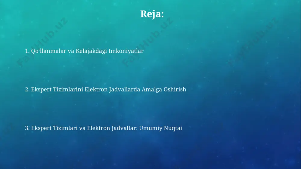 xitekturasi bilim bazasi faktlar va qoidalarni saqlash uchun 2 xil usuldan foydalanishi mumkin: protsessual yoki deklarativ. protsessual usulda algoritmlar, deklarativ usulda esa faktlar va ular orasidagi munosabatlar saqlanadi. ekspert tizimlarining arxitekturasi odatda 5 ta asosiy qismdan iborat: bilim bazasi, xulosa chiqarish mexanizmi, interfeys, tushuntirish moduli va bilimlarni boshqarish tizimi. elektron jadvallarning kamchiliklari katta hajmdagi ma'lumotlar bilan ishlashda elektron jadvallarning ishlash tezligi pasayadi, bu esa 10000 dan ortiq qatorlar va 100 dan ortiq ustunlar bo'lgan murakkab ekspert tizimlari uchun muammo tug'dirishi mumkin. elektron jadvallar murakkab mantiqiy operatsiyalarni, masalan, noaniqlikni boshqarish yoki chuqur ekspert bilimlarini modellashtirishni samarali bajara olmaydi, bu esa ekspert tizimlarining samaradorligini cheklaydi. elektron jadvallarda formulalar va funksiyalar if funksiyasi va uning mantiqiy operatorlari (>, =, ) yordamida elektron jadvallarda 2 ta shartdan ko'proq shartlarni tekshiruvchi murakkab shartli hisob-kitoblarni amalga oshirish mumkin. elektron jadvallardagi murakkab formulalar, masalan, vlookup yoki index/match funksiyalari, ma'lumotlarni qidirish va tahlil qilishda 1000 dan ortiq qatorlar …