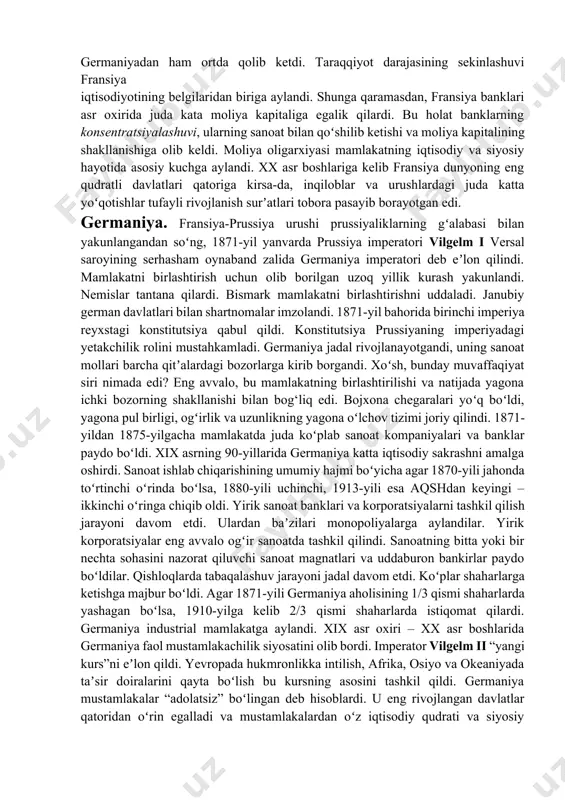 gʻil-qizidan ayrildi. parij kommunasidan keyin fransiyada respublika tuzumi uzil-kesil oʻrnatildi. monarxiyaga qaytish endi mumkin emasdi: xalq va burjuaziyaning katta qismi biron-bir shakldagi monarxiyani boshqa xohlamasdi. shu sababli fransiyada 1870-yil 4-sentyabrda eʼlon qilingan uchinchi respublika ikkinchi jahon urushigacha mavjud boʻldi. 1875-yilgi fransiya konstitutsiyasining xarakteri oxir-oqibatda mamlakatning iqtisodiy va ijtimoiy hayotida yuz bergan oʻzgarishlar bilan belgilandi. bu oʻzgarishlar orasida yirik mashina sanoatiga oʻtishning yakunlanganligi alohida ahamiyat kasb etib, u yangi tarixiy davrning kirib kelayotganligidan darak berardi. butun xix asr davomida fransiya sanoat ishlab chiqarishining darajasi boʻyicha angliyadan keyin ikkinchi oʻrinni egallab keldi. asr oxiriga kelib esa yosh kapitalizm mamlakatlari boʻlgan aqsh va germaniyadan ham ortda qolib ketdi. taraqqiyot darajasining sekinlashuvi fransiya iqtisodiyotining belgilaridan biriga aylandi. shunga qaramasdan, fransiya banklari asr oxirida juda kata moliya kapitaliga egalik qilardi. bu holat banklarning konsentratsiyalashuvi, ularning sanoat bilan qoʻshilib ketishi va moliya kapitalining shakllanishiga olib keldi. moliya oligarxiyasi mamlakatning iqtisodiy va siyosiy hayotida asosiy kuchga aylandi. …