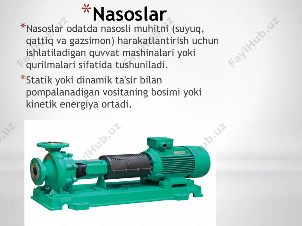 ko'p bosqichli yaratilgan bosim bo'yicha-past bosimli15 m gacha, o'rta bosim 15 dan 40 m gacha, yuqori bosimli 40 m dan ortiq.pompalanadigan suyuqlikning turiga ko'ra-suv, kislota, gidroksidi, neft nasosning ishlash printsipi suyuqlik bilan to'ldirilgan korpus va assimilyatsiya trubkasi bilan pervanel aylanadi. pervanel kanallarida (pichoqlari orasida) joylashgan suyuqlik markazdan qochma kuch ta'sirida g'ildirak markazidan atrofga (devorlarga) tashlanadi. natijada, g'ildirakning markaziy qismida vakuum hosil bo'ladi va atrof — muhitda bosimning oshishi kuzatiladi. ushbu bosim ta'sirida nasosdan suyuqlik bosim quvuriga kiradi, shu bilan birga vakuum ta'sirida assimilyatsiya quvuri orqali suyuqlik nasosga kiradi. shunday qilib, markazdan qochma nasos bilan doimiy suyuqlik ta'minoti amalga oshiriladi. eksenel nasos sxemasi eksenel nasoslar issiqlik elektr stantsiyalari va atom elektr stantsiyalarining aylanma suv ta'minoti tizimlarida, sug'orishda, sanoatda suyuqlikni past bosim ostida tashish uchun ishlatiladi.1-pervanel2-korpus3-yo'naltiruvchi apparatning sobit pichoqlari vortex nasosining ishlash printsipi suyuqlik assimilyatsiya teshigi orqali kanalga kiradi, pervanel bilan u bo'ylab harakatlanadi va markazdan qochma kuchlar ta'sirida chiqish teshigi orqali …