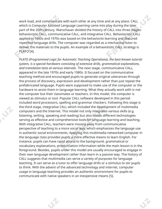 l hardware, which allow the display of sophisticated graphics. with the rapid development of the internet, which has become a powerful medium for it provides a number of services including “e-mail, the world wide web (www), newsgroups, voice and video conferencing, file transfer and exchange and numerous corporate services delivered through specialized programs”. in the context of teaching, multimedia can be called an integrated media, which consists of various media forms such as text, graphic, animation, audio, etc. to browse, query, select, link and use information to meet pupils’ requirement. smith and woody defined multimedia as “the use of both visual aids and verbal descriptions to illustrate concepts” [3]. development of multimedia applied in english teaching according to mudge , multimedia applied in english teaching may include four stages. the original stage can be dated back to the 1950s when only a few foreign language institutes started to employ phonograph, …