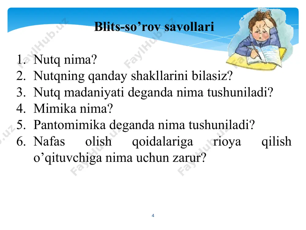 z mahoratini oshi­rish uchun quyidagi jarayonlarni bilishi lozim: pedagogik texnika malakalarini mukammal egallash uchun avva­lo, o‘qituvchi o‘z fanini, o‘qitadigan predmetining boshqa fanlar bilan o‘zaro aloqadorlikda bilishi, pedagogik va axborot texno­logi­yalarini, pe­da­­gogika va psixologiya fanlari asoslarini davr taraqqiyoti darajasida bilishi, kasbiy jihatdan o‘z-o‘zini tarbiyalay oladigan bo‘lishi zarur. 3. o’qituvchining pedagogik texnikasini shakllantirish yo’llari 16 pedagogik texnikani egallashning asosiy yo‘llari o‘qituvchining ma­la­ka oshirish kurslariga ishtiroki ustoz murabbiylar rahbarligidagi mash­g‘ulotlar (ulardan pedagogik texnika sirlarini o‘rganish) mustaqil (kasbiy jihatdan o‘z-o‘zini tarbiyalash) ishlashdir. 17 pedagogik texnika ko‘nikma va malakalarini egallash individual-shaxsiy salohiyat ekanli­gini hisobga olib, pedagogik texnikani egallashda va uni takomil­lash­tirishda kasbiy jihatdan o‘z-o‘zini tarbiyalash, ya’ni talabalik yillarida o‘zida tajribali o‘qituvchilarning shaxsiy fazilatlarini va kasbiy mala­kalarini shakllantirishga qaratilgan faoliyat yetakchi rol o‘ynaydi, deb ay­tish mumkin. kasbiy ideal sari intilishda bu harakat pedagogik texni­kani egallashda muhim rol o‘ynaydi. 18 nutq – tildagi mavjud ifoda vositalaridan foydalangan holda real­likka aylangan fikr bo‘lib ikki xil ko’rinishda namoyon bo‘ladi: …