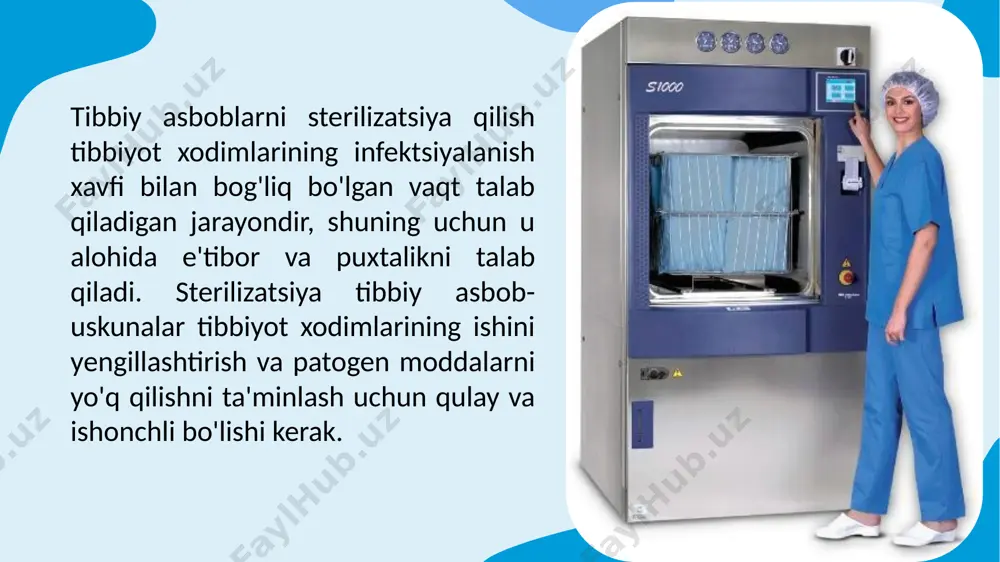 rat qilishning mumkin emasligi. buning sababi, bu usul uchun xalqaro standartlar mavjud emas. shunday qilib, bu usul zamonaviyroq usullar bilan teng bellasha olmaydi. shuni ta'kidlash kerakki, tibbiy asboblarni havo bilan sterilizatsiya qilish evropada ham, rossiyaning yetakchi markazlarida ham uzoq vaqt davomida qo'llanilmagan. hozirgi vaqtda bu usul faqat dori vositalarida malham va suspenziyalarni sterilizatsiya qilish uchun qo'llaniladi. tibbiyot muassasalarida tibbiy asboblarni sterilizatsiya qilish - murakkab ko'p bosqichli jarayon bo'lib, uning har bir bosqichi butun protsedura sifatini belgilaydi: mahsulotlarni to'g'ridan-to'g'ri ishlatish joyida oldindan dezinfeksiya qilish va qayta ishlash; mahsulotlarni sterilizatsiya qilishdan oldin tozalash; sterilizatsiya uchun qadoqlash; to'g'ridan-to'g'ri sterilizatsiya; sterillangan mahsulotlarni saqlash va ulardan foydalanish joylariga tashish. avtoklavlash suvning qaynash nuqtasidan yuqori haroratda amalga oshiriladi. bu sterilizatsiya qilishning eng ishonchli va keng tarqalgan usuli hisoblanadi. uning samaradorligi bug 'va yuqori haroratning birgalikdagi ta'siriga bog'liq. past haroratlarda asboblarni qisqa ishlov berish davri. oddiy sterilizatsiya yuqori haroratga chidamsiz bo'lgan mahsulotlarga (mato, plastmassa) ta'sir qilishi mumkin. …