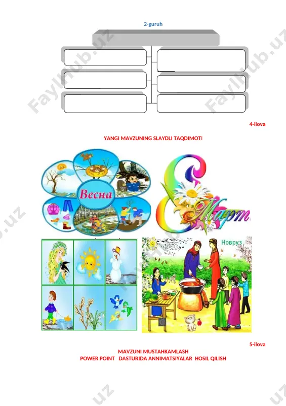 i, shuningdek, u bilan boshqa dinamik harakatlar sodir bo'lishi mumkin. animatsiyadan foydalanish fotoshop siz fotosuratlar yoki rasmlardan slayd-shou yaratishingiz, avatarlar, bannerlar, veb-sahifalar uchun ekran saqlovchilari, dinamik otkritkalar va turli taqdimotlar yaratishingiz mumkin. shuni yodda tutish kerakki, photoshop hali ham grafik muharrir bo'lib, murakkab animatsiya jarayonlari uchun mo'ljallanmagan. 6-ilova baholash mezoni va ko’satkichlari guruhlar savolning to’liq va aniq yoritilishi 0-5 ball misollar bilan yoritilishi 0-5 ball guruh a’zolarining faolligi. 0-5ball jami ball 1-gr 2-gr 9 – 6 ball – «qoniqarli» . 12 – 10 ball «yaxshi» 15 – 13 ball – «a’lo». uyga vazifa “mtt da boshlang’ich kompyuter savodxonligi” nomli papkaga quyidagi topshiriqni saqlang: power point dasturida amaliy topshiriqni bajarish yoriqnomasini videomaterialdan oling va vazifani bajaring 7.3 yoriqli texnologik xarita kasb kodi: 40110102.- maktabgacha ta'lim tashkiloti tarbiyachisi kasbi bo`yicha o’quv amaliyoti nomi: mttda boshlang'ich kompyuter savodxonligi o`quv amaliyot mavzu: № 7 “go’zal bahor” ta’limiy-didaktik o’yini maqsad: “go’zal bahor” mavzusida ta’limiy-didaktik o’yinilarini …