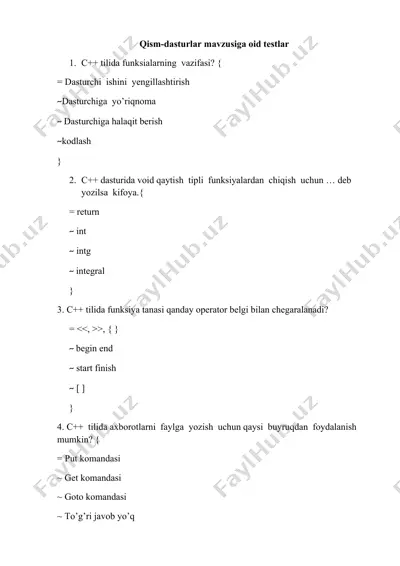 c++ dasturlar mavzusiga oid testlar — DOCX