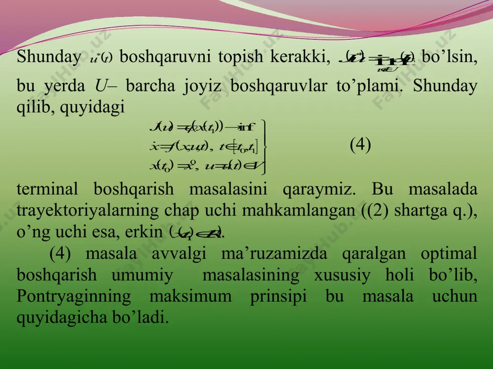 4) qo’shma sistemaning (10) boshlang’ich shartni qanoatlantiruvchi yechimi bo’lsin. (14) differensial tenglama chiziqli, ya’ni ko’rinishda bo’lgani uchun,  t funksiya  10 ,tt oraliqda bir qiymatli aniqlangandir.         1 0 ,, t t t x ttutxf t   (13) va (14) ni (10) ga keltirib qo’yib, funksional orttirmasini quyidagicha yozamiz:      1 0 ,,, ~ t t u dtttuttxhuj  (15) bu yerda     ,,,,, ~ ,,,,, ~ tuxhtuxhtuxh u     ,, 11321 tx      1 0 , 12 t t dttx         1 0 ,,,' ~ 3 t t u dttx x ttuttxh   (16) hosil qilingan (15) formulaning ba’zi xususiy hollarini qarab chiqamiz. a) agar  x qavariq funksiya bo’lsa, 0 1  bo’ladi; agar  x chiziqli …
