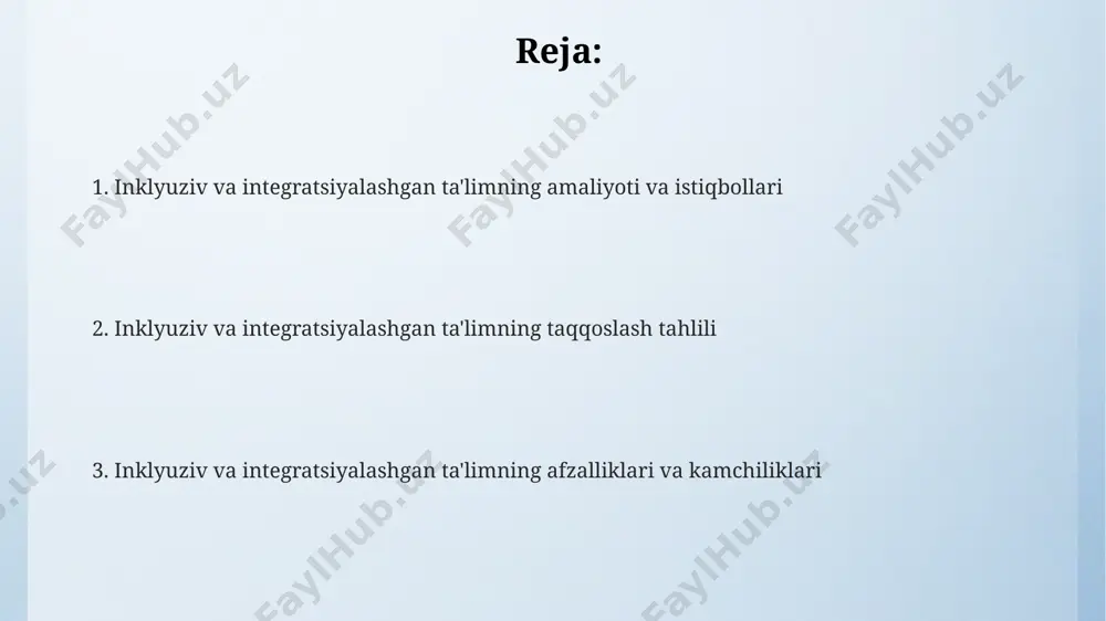 a qo'llaniladigan amaliy mashg'ulotlar (80% dan ortiq) integrativ ta'limga nisbatan o'quvchilarning ijtimoiylashuvini yaxshiroq rivojlantiradi. integrativ ta'limda esa, 10-sinf ingliz tili darsida, samarqanddagi maktabda, differensial ta'lim usullari orqali o'quvchilarning turli bilimlar darajasini hisobga olib, 3 ta turli topshiriq beriladi. inklyuziv ta'limning afzalliklari va kamchiliklari integrativ ta'lim, aqshning nyu-york shahridagi maktablar tajribasiga asoslanib, o'quv jarayonini diversifikatsiya qiladi, ammo ba'zi o'quvchilarga 30% ga ko'proq individual yordam kerak bo'lishi mumkin, bu esa o'qituvchilarga qo'shimcha yuk soladi. inklyuziv ta'lim, masalan, 2018-yildagi buyuk britaniya tadqiqotlariga ko'ra, o'quvchilarning o'ziga ishonchini 15% ga oshirib, ijtimoiy moslashuvchanlikni yaxshilaydi, ammo qo'shimcha resurslarga va malakali mutaxassislarga ehtiyoj yuqori. inklyuziv yondashuv, jahon sog'liqni saqlash tashkilotining ma'lumotlariga ko'ra, 50% dan ortiq bolalarda ijtimoiy muloqot ko'nikmalarini rivojlantiradi, ammo inklyuziv sinflarni tashkil etish va jihozlash uchun katta xarajatlar talab etiladi. inklyuziv va integrativ ta'limda o'qituvchilarning roli inklyuziv va integrativ ta'limda o'qituvchilarning roli, 50% dan ortiq vaqtni individual o'quv rejalari tuzishga, 30% ini esa ota-onalar va …