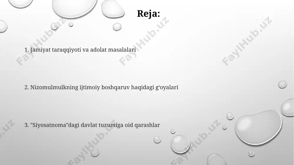 va bid'atlarga qarshi kurashish, shuningdek, 12 ta imomning aqidalariga sodiq qolish muhimligini ta'kidlaydi. nizom ul-mulk "siyosatnoma"sida din va davlat munosabatlarini 3 ta asosiy ustun - adolatli hukumat, qonun ustuvorligi va shariatga rioya qilish orqali tartibga solish zarurligini ta'kidlaydi. kitobda 7 ta asosiy fazilatga ega hukmdordan, shu jumladan, dinni hurmat qilish va musulmonlarning diniy ehtiyojlariga g'amxo'rlik qilishdan gap ketadi. qishloq xo'jaligi va iqtisodiyot у ўз асарларида суғориш тизимларини яхшилаш, янги экин турларини жорий этиш ва 5-10 йиллик режалар асосида қишлоқ хўжалигини ривожлантириш бўйича таклифларни билдирган. сиёсатнамада қишлоқ хўжалигига 1/3 ер майдони ажратилиши, деҳқонларнинг ҳақ-ҳуқуқларини ҳимоя қилиш ва солиқ юкининг адолатли тақсимланиши тавсия этилган. низом ал-мулк давлат даромадининг катта қисми қишлоқ хўжалигидан олинадиган солиқлар ҳисобидан шаклланишини ва бунинг давлатнинг иқтисодий барқарорлиги учун аҳамиятини таъкидлаган. moliya siyosati va soliqlar nizam al-mulk "siyosatnoma"da soliqlarning 10 ga yaqin turini, shu jumladan yer solig'i, savdo solig'i va boshqa ko'plab toifalarni sanab o'tadi. siyosatnomada soliq yig'ishning adolatli …