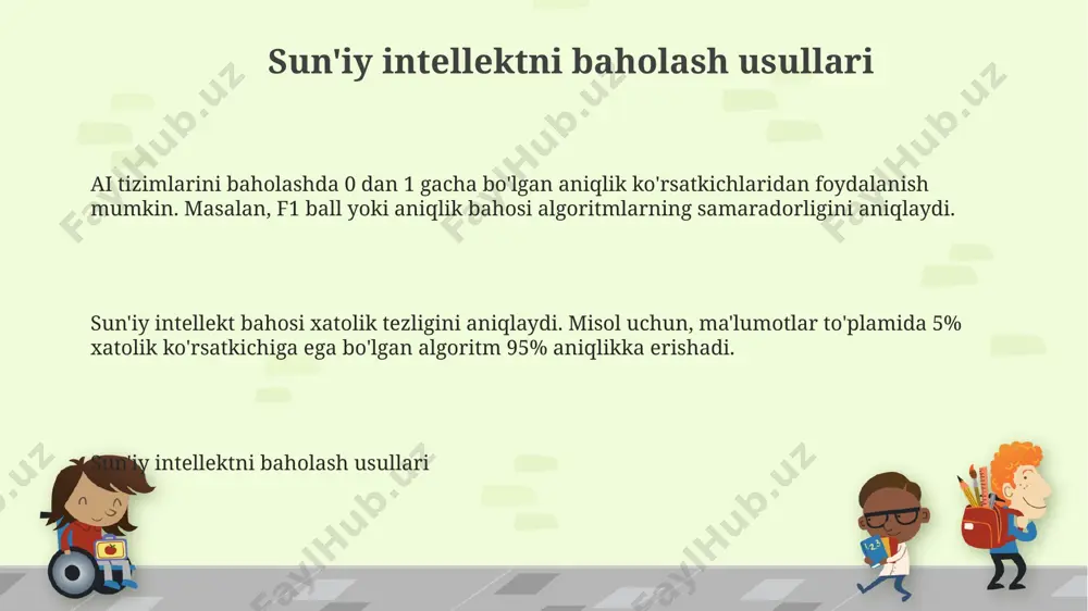 moqda, 2024-yilda ularning qo'llanilishi 30% ga oshishi kutilmoqda. bu agentlar murakkab vazifalarni mustaqil ravishda bajarishga qodir. zamonaviy sun'iy intellekt tizimlari zamonaviy sun'iy intellekt tizimlari, generativ modellar, jumladan ganlar va transformerlar, 1000dan ortiq parametrga ega bo'lib, yangi ma'lumotlar, jumladan, matn va rasmlarni yaratish imkonini beradi. zamonaviy sun'iy intellekt tizimlari neyron tarmoqlari va chuqur o'rganish algoritmlaridan foydalanib, 90% aniqlikda vazifalarni bajaradi, masalan, tasvirni aniqlash va til tarjimasi. zamonaviy sun'iy intellekt tizimlari kompyuter ko'rishi (computer vision) chuqur o'rganish arxitekturalari, masalan, konvolyutsion neyron tarmoqlari (cnn), tasvirlarni tahlil qilishda ustunlik qiladi. ular turli xususiyatlarni o'rganish, aniqlik darajasini 99% gacha oshirishga qodir. kompyuter ko'rishi haqida ma'lumot kompyuter ko'rish tizimlari 3d rekonstruksiyani amalga oshirishi mumkin. bir nechta 2d rasmlardan foydalanib, ular ob'ektning yoki muhitning uch o'lchovli modelini yaratish, xatolik darajasi 0.5% ga yaqin bo'lishi mumkin. robotiqada sun'iy intellekt robototexnikada sun'iy intellekt robototexnikada sun'iy intellekt robototexnikada sun’iy intellekt robotlarga 3d muhitni sezish, ma’lumotlarni qayta ishlash va vazifalarni 99% …