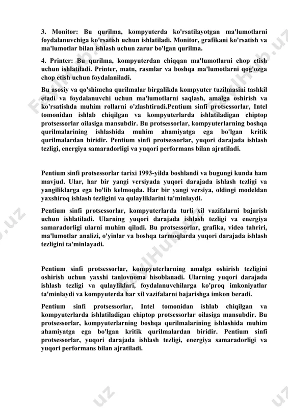 latiladi. monitor, grafikani ko'rsatish va ma'lumotlar bilan ishlash uchun zarur bo'lgan qurilma. 4. printer: bu qurilma, kompyuterdan chiqqan ma'lumotlarni chop etish uchun ishlatiladi. printer, matn, rasmlar va boshqa ma'lumotlarni qog'ozga chop etish uchun foydalaniladi. bu asosiy va qo'shimcha qurilmalar birgalikda kompyuter tuzilmasini tashkil etadi va foydalanuvchi uchun ma'lumotlarni saqlash, amalga oshirish va ko'rsatishda muhim rollarni o'zlashtiradi.pentium sinfi protsessorlar, intel tomonidan ishlab chiqilgan va kompyuterlarda ishlatiladigan chiptop protsessorlar oilasiga mansubdir. bu protsessorlar, kompyuterlarning boshqa qurilmalarining ishlashida muhim ahamiyatga ega bo'lgan kritik qurilmalardan biridir. pentium sinfi protsessorlar, yuqori darajada ishlash tezligi, energiya samaradorligi va yuqori performans bilan ajratiladi. pentium sinfi protsessorlar tarixi 1993-yilda boshlandi va bugungi kunda ham mavjud. ular, har bir yangi versiyada yuqori darajada ishlash tezligi va yangiliklarga ega bo'lib kelmoqda. har bir yangi versiya, oldingi modeldan yaxshiroq ishlash tezligini va qulayliklarini ta'minlaydi. pentium sinfi protsessorlar, kompyuterlarda turli xil vazifalarni bajarish uchun ishlatiladi. ularning yuqori darajada ishlash tezligi va energiya …