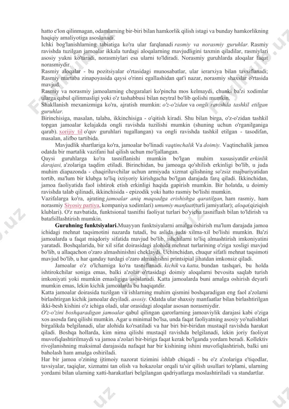nosabatlar tizimida namoyon bo’lar ekan, jamoa va ijtimoiy jamiyat maqsadi, intilishida o’zaro birlik, uzviylik, aloqadorlik yuzaga keladi. shu bois jamoa hayotining aniq (yagona) maqsadga qaratilganligi va ijtimoiy-g’oyaviy xususiyat kasb etishi uning yetakchi belgisi sanaladi. har bir jamoa boshqa jamoalar bilan uzviy aloqadorlikda mavjud bo’ladi. muayyan jamoaning har bir a’zosi jamiyat ijtimoiy faoliyatini tashkil etish jarayonida o’z jaomasi bilan birgalikda ishtirok etadi. jamoa a’zolarini intilishlarini tushunish, jamoa oldiga qo’yilgan maqsad mohiyatini chuqur his etish hamda uning shaxsni shakllantirishdagi o’rni va rolini to’g’ri baholay olish jamoa a’zolarining umumiy va xususiy (shaxsiy) maqsad, qiziqishi, ehtiyoj va faoliyatlari o’rtasidagi birlikni namoyon etadi hamda jamoaning bo’linishga yo’l qo’ymaydi. jamoa va uni shakllantirish o’qituvchiik faoliyatining maqsadi hisoblanidi. muhim tarbiyaviy ta’sir kuchiga ega bo’lgan sub’ektlarning alohida namuna ko’rsatishlari jamoani shakllantirishning muhim vositasi bo’lib, ushbu vosita yordamida jamoaning barcha yoki muayyan a’zosini tarbiyalash ijobiy samaralar beradi. jamoa tomonidan hal etilishi ko’zda tutilgan yetakchi tarbiyaviy vazifa shaxsni har tomonlama …