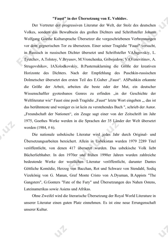 asiens und afrikas. ohne zweifel wird die literarische übersetzung der royal world literature in unserer literatur einen guten platz einnehmen. es ist eine neue errungenschaft unserer kultur. die übersetzung "faust" von erkin vohidov, einem talentierten dichter, war eines dieser historischen ereignisse in den 70er jahren, das eine neue seite in unserer literatur für literarische übersetzungen aufgeschlagen hat. die deutsche klassischer poezii stern johann wolf goethe horn freiwillige arbeit der weltliteratur, die deutsche dichtung vazinlari nicht nur für die annahme der europäischen literatur der völker der verschiedenen formen der poesie künste wie wir wissen, atkorona, mit anderen worten, die verwendung von „faust“ und der stil der zeit hat er fast alle komponenten des poetischen mujassamlantirgan lebte polefonik poesie. dies ist die erste autor der übersetzung von kreativen möglichkeiten, und mit dem individuellen stil der zeit vertraut machen. daher ist diese komplexe philosophische tragödie, das zweite mal ein poetische sprache system der …