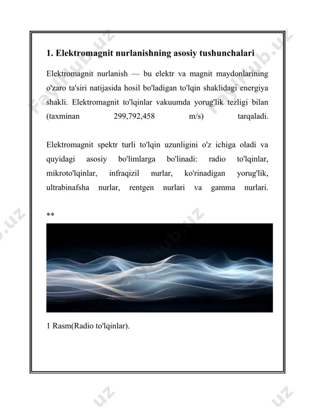 ri yoki chastotalariga qarab tasniflanadi. elektromagnit spektrning turli qismlari quyidagicha tasniflanadi: radio to'lqinlari, mikroto'lqinlar, infraqizil nurlar, ko'rinadigan yorug'lik, ultrabinafsha nurlar, rentgen nurlar va gamma nurlar. 1. **radio to'lqinlari**: to'lqin uzunligi eng katta bo'lgan elektromagnit nurlanish turi, va ular past chastotaga ega. bu to'lqinlar turli aloqa tizimlari, masalan, radio va televizion uzatishlar uchun ishlatiladi. radio to'lqinlarning to'lqin uzunligi bir necha millimetrdan ming kilometrlargacha yetishi mumkin. 2. **mikroto'lqinlar**: bu to'lqinlar radio to'lqinlardan keyin keladi va yuqoriroq chastotalarga ega. mikroto'lqinlar uyali aloqa, wi-fi, radar tizimlari va mikroto'lqinli pechlar uchun ishlatiladi. ularning to'lqin uzunligi taxminan 1 millimetrdan 1 metrgacha o'zgaradi. 3. **infraqizil nurlar**: bu nurlar issiqlik energiyasini tarqatadi va ular ko'rinadigan yorug'likdan uzayadi. infraqizil nurlar issiqlik kameralarida va masofadan boshqarish qurilmalarida qo'llaniladi. ularning to'lqin uzunligi 700 nanometrdan (nm) 1 millimetrgacha o'zgaradi. 4. **ko'rinadigan yorug'lik**: bu insonga ko'rinadigan elektromagnit spektr qismidir. ko'rinadigan yorug'lik spektri to'lqin uzunligi 380 nm dan 750 nm gacha bo'lgan nurlardan iborat. …