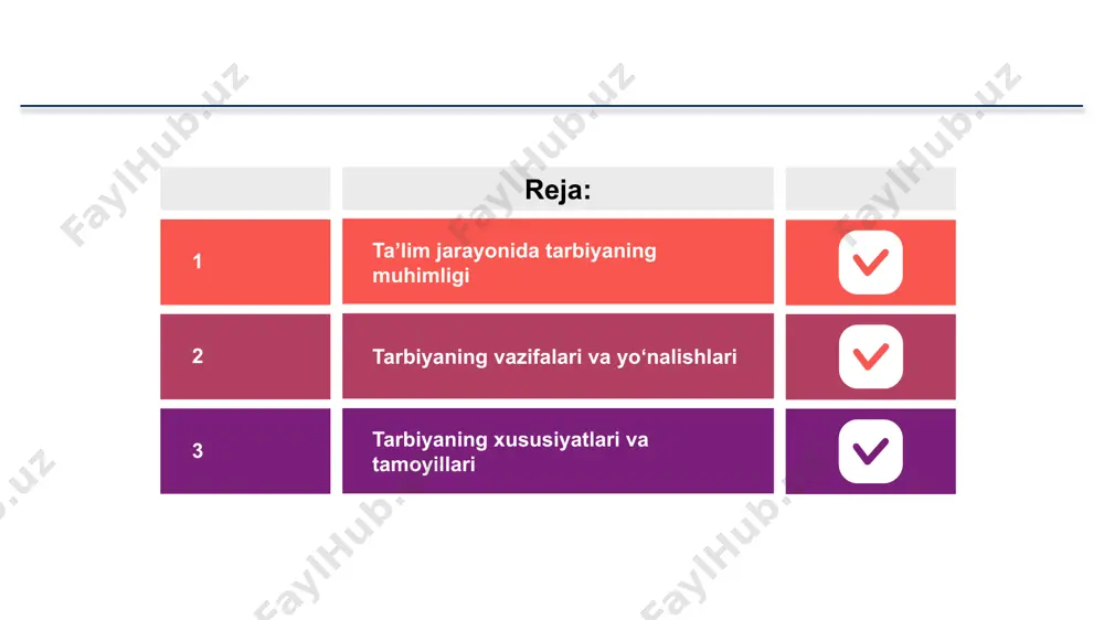 ning vazifalari va yo‘nalishlari. o‘zbekiston respublikasida ayni vaqtda yosh avlodni tarbiyalab voyaga yetkazish jarayonida quyidagi vazifalarni hal etish muhim ahamiyat kasb etmoqda: keng dunyoqarash milliy va umuminsoniy qadriyatlar mohiyati vatanparvarlik va baynalminallik tuyg‘usi yurtimizning ichki va tashqi siyosatiga xolisona baho berish tabiatni muhofaza qilish insonni oliy qadriyat sifatida qadrlash umuminsoniy axloq me’yorlari fuqarolik tuyg‘usi, ijtimoiy burchga mas’ullik axloqiy tarbiya aqliy tarbiya jismoniy tarbiya estetik tarbiya iqtisodiy tarbiya huquqiy tarbiya ekologik tarbiya ijtimoiy tarbiya yo‘nalishlari tarbiya jarayoni quyidagilarni o‘z ichiga oladi: o‘quvchi ichki va tashqi dunyosini anglash vaziyatlarni to‘g‘ri idrok etish uchun diqqatni jamlash o‘quvchilarga ishonch va talabchanlik pedagogik texnikalardan foydalana olish ziddiyatli holatlarda to‘g‘ri qaror qabul qilish har bir o‘quvchidagi yashirin ijobiy fazilatni ko‘ra olish o‘quvchilar bilan kommunikativ aloqani o‘rnatish qiyin holatlarda o‘quvchiga yordam bera olish o‘z-o‘zini boshqarish usullarini tatbiq etish so‘z, mimika, pantomimika 3. tarbiyaning xususiyatlari tarbiya jarayonining xususiyatlari yaxlit tizimli jarayon. ikki tomonlama aloqa jarayoni uzluksiz jarayon qarama-qarshiliklardan …