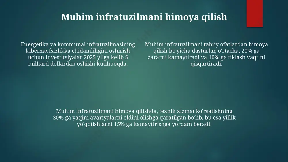 ibsizliklar kuchayishi ham mavjud. xavfsizlikni boshqarish tizimlari energetika tizimlarida ishlatiladigan xavfsizlik tizimlari standartlari iec 61508 va gost r 51317.1-99 kabi xalqaro standartlarga mos kelishi kerak. xavfsizlikni boshqarish tizimlarida odam omiliga bog'liq xavflar 70% ga etadi va bu xatolarni oldini olish uchun samarali treninglar va xavfsizlik madaniyatini rivojlantirish juda muhim. zamonaviy xavfsizlikni boshqarish tizimlari 99,9% ga yaqin ishonchlilik darajasini ta'minlaydi, lekin qolgan 0,1% uchun zaxira tizimlari va favqulodda vaziyatlarga tayyorgarlik ko'rish kerak. xavfsizlik texnikasi va himoya vositalari ёнғин хавфсизлиги тизимидаги автоматик ўчириш воситаларининг самарали ишлаши учун йилига камида 2 марта техник кўрикдан ўтказиш ва профилактик ишларни бажариш зарур. электр ускуналари билан ишлашда 1000 в дан юқори кучланишда ишлашда махсус ҳимоя кийимлари, изоляцияловчи қўлқоплар ва кийимлардан фойдаланиш мажбурийдир. нефт ва газ тармоқларидаги аварияларнинг 70% дан ортиғи инсон хатоси туфайли содир бўлади, шунинг учун хавфсизлик бўйича ўқитиш ва йўриқномаларни қатъий бажариш муҳим. energiya va kommunal tizimlardagi baxtsiz hodisalarga umumiy nuqtai kommunal infratuzilmada yiliga …