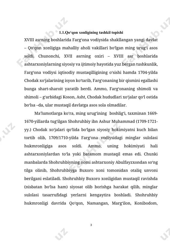 ladi. abdurahimbiy 1724-yilda andijonni, 1725-yilda xo‘jandni, 1726-yilda o‘ratepani bosib olib, xonlik hududlariga qo‘shib oldi. u qisqa muddat bo‘lsa-da buxoroga qarashli samarqand va kattaqo‘rg‘onni egallab, shahrisabzga ham tahdid solgan. abdurahimbiy qo‘qon (xo‘qand) qishlog‘i o‘rni va atrofida yangi shaharga (dastlab qal’ai rahimbiy deb nomlangan, keyin esa qo‘qon) asos soladi va bu shahar xonlikning poytaxtiga aylanadi.[footnoteref:2] [2: bohodir eshov, o‘zbekiston davlatchiligi va boshqaruvi tarixi, toshkent-2012] 1733-1750-yillarda hukmronlik qilgan muhammad abdulkarimbiy ibn shohruhbiy asosiy e’tiborini mudofaa ishlariga qaratdi. u xonlikning poytaxti qo‘qonda isfara, qatag‘on, marg‘ilon, haydarbek nomli darvozalar qurdirib, shahar atrofini mustahkam devor bilan o‘ratib oldi. shu bilan birga u 1741-1745-yillardagi qalmoqlar (jung‘orlar) ning farg‘onaga qilgan hujumlariga zarba berdi. abdulkarimbiy qalmoqlarga qarshi kurashda qirg‘iz-qipchoqlar va o‘ratepa hokimi fozilbiy yuz yordamiga tayandi hamda xonlik mustaqilligini saqlab qoldi. abdulkarimbiy 1750-yilda vafot etganidan so‘ng, xonlik taxtiga uning o‘g‘li abdurahmon o‘tirdi. ammo, u taxtga to‘qqiz oy o‘tirib, so‘ng marg‘ilonga hokim etib jo‘natildi hamda taxtga abdurahimbiyning ikkinchi o‘g‘li erdonabiy …