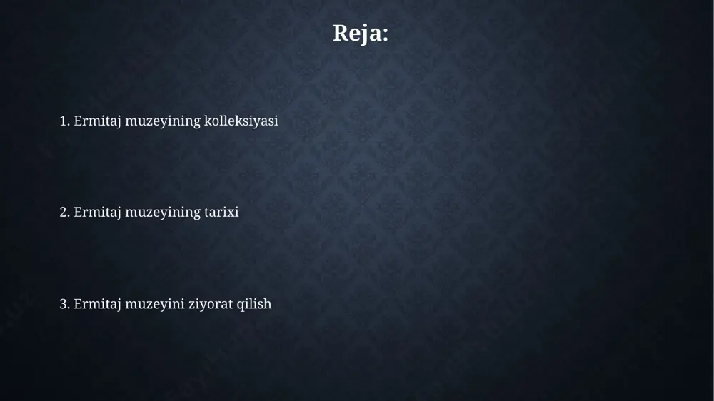 024 yildan boshlab xalqaro xayriya tashkilotlari bilan hamkorlikda 5 million evro miqdorida mablagʻ jalb qilish rejalashtirilgan, bu esa muzeyning infratuzilmasini modernizatsiya qilishga yordam beradi. ermitajni ziyorat qilish ermitajda, rossiya imperiyasi davridan qolgan, 18-asrga oid ajoyib saroy interyerlari va kamida 7 ta turli xil me'moriy uslubdagi binolarni ko'rish mumkin. sankt-peterburgdagi ermitajga tashrif buyurish uchun kamida 2-3 kun vaqt ajratish tavsiya etiladi, chunki muzeyning ulkan maydoni va boy kolleksiyasi uni toʻliq oʻrganish uchun koʻp vaqt talab qiladi. muzeyning asosiy kolleksiyalari muzeyning boy numizmatik to‘plami dunyoning turli burchaklaridan, jumladan, qadimgi yunoniston, rim va sharq mamlakatlaridan 600 mingdan ortiq tangalar va medallarni o‘z ichiga oladi. ermitaj muzeyining asosiy kolleksiyalaridan biri 3 million dan ortiq eksponatni o‘z ichiga olgan boy va xilma-xil rasmlar to‘plamidir, bu yerda italiya, ispaniya va fransiya maktablari ustalarining asarlari ko‘p uchraydi. ermitajning xalqaro aloqalari ermitaj muzeyi dunyoning 100 dan ortiq mamlakatidagi 200 ga yaqin muzey va madaniy markazlar bilan faol hamkorlik …