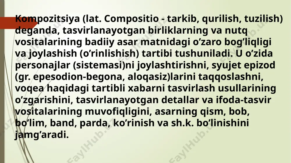 ng kirishga haqqi yo’q,”-deydi a.oripov. ma’lumki, kompozitsiya syujetdan kengroq hodisa sanaladi, chunki u syujetni ham, syujetdan tashqarida qoluvchi vositalarni ham o’zida jamg’aradi. syujetdan tashqarida qolgan badiiy unsurlar - kompozision vositalar deb yuritiladi va ularning barchasi asarning birbutun va mukammal bo’lishiga xizmat qiladi. shuning uchun ham kompozitsiyani adabiy asarga tugallik va yaxlitlik baxshida etuvchi, yakunlovchi adabiy-badiiy shakl deb yuritadilar. kompozision vositalardan ba’zilarini hukmingizga havola qilamiz. 1. asar sarlavhasi. “aniqlik va qisqalik nasrning birinchi ustunligidir. u fikrni, fikrni talab etadi, busiz go’zal ifoda hyech narsaga xizmat qilmaydi” ekan, asar sarlavhasi bir yoki bir necha so’zda ifodalanishi, yuzlab sahifalarga sochilgan mazmunni o’zida aniq jamg’arishi, nomlanishidanoq o’quvchini o’ziga jalb qilishi lozim. bu judayam azobli ish, ayni chog’da, rohatbaxsh hamdir. “qutlug’ qon” (oybek), “ulug’bek xazinasi” (o.yoqubov), “yulduzli tunlar”, “ona lochin vidosi” (p.qodirov), “o’g’ri”, “bemor” (a.qahhor), “chinor” (a.muxtor), “iymon” (i.sulton), “qudratli to’lqin” (sh.rashidov), “shaytanat” (t.malik), “lolazor” (murod muhammad do’st), “egilgan bosh” (o.muxtor), “oq qushlar, oppoq qushlar” …