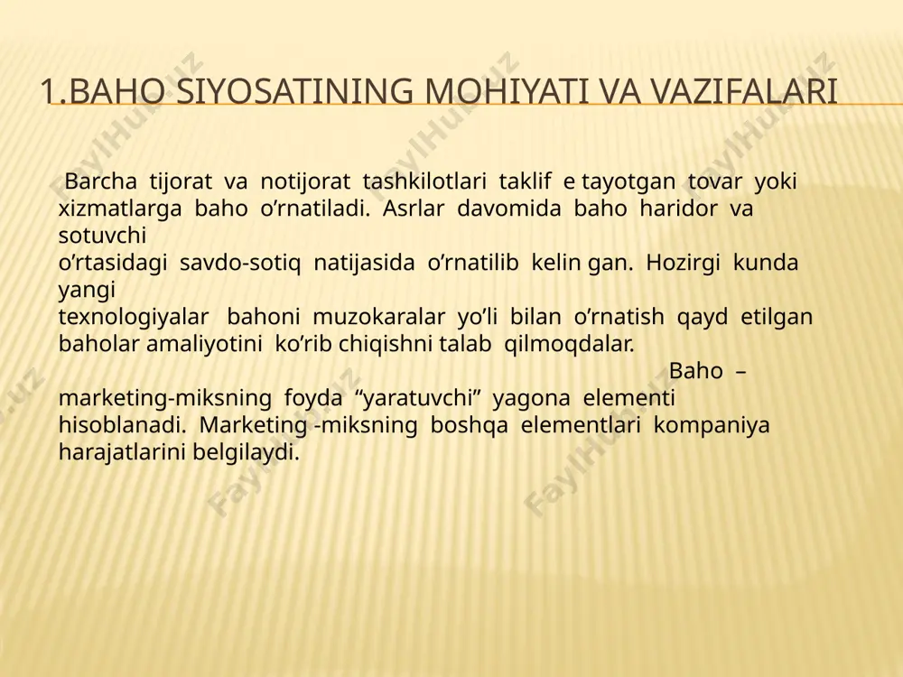 iqarilayotgan aniq tovar va tovarlar narxiga bo g’liq. firma (korxona) faoliyatining muhim yo’nalishlari bo’yicha marketing siyosatini ishlab chiqish bozor sharoitlariga aynan o’xshash boshqaruv tizimini yaratishga imkon beradi. bahoni shakllantirish siyosatini amalga oshirish jarayoni olti bosqichni o’z ichiga oladi bahoni shakllantirish vazifalarini qo’yish talabni aniqlash xarajatlarni baholash arajatlar, baho va raqobatchilar takliflarini tahlil qilish bahoni shakllantirish mеtodlarini tanlash yakuniy bahoni o’rnatish 2.baho o’rnatish, unga moslashish baho mehnat mahsulining qiymatini pul shaklida mahsulot muomalasi sharoitida almashtirish sohasidagi o’zgarishlar, mahsulot-pul munosabatlarini belgilashdir. bu marketing majmuasining tarkibiy qismi bo’lib , xo’jalik yurituvchi sub'ektlarning moliyaviy resurslari yig’ilishiga imkon yaratadi. (baho talab qilingan ma hsulot soni – savdodan kelgan mablag’). marketing doirasida boshqa barcha faoliyat (reklama, sotishni ra g’batlashntirish, bozorni tekshirish) harajat hisoblanadi vaishbilarmonlik daromadidan yoki kiritilgan mablag’dan foydani olish niyatida amalga oshiriladi. baho o’ziga xos rag’batlantirish samarasiga ega. xizmat ko’rsatish sohasiga va mahsulot muomalasi shakliga qarab narxlar quyidagi turlarga bo’linadi ulgurji baho shartnomaviy baho chakana …