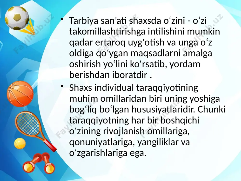 dilar. lekin shunisi xarakterliki bog‘chaga borolmagan bolalar ham maktabga borgach, o‘zlarining bog‘cha tayyorgarligini o‘tagan tenqurlariga yetib oladilar. demak, bu yosh davrining xususiyati shundaki, bola qanday sharoitda bo‘lmasin, agar uning yonida mehribonlik qiluvchi, to‘g‘ri yo‘l - yo‘riq ko‘rsatuvchi kattalar bo‘lsa, u bu davrga xos hususiyatlar rivojlanadi. maktabgacha yoshdagi bolalar jismoniy tarbiyasining shakllari bu davrda bolalarning bo‘yi yiliga o‘rtacha 6 sm, og‘irligi 1 - 2 kg o‘sadi. ularning faoliyati asosan o‘yin orqali namoyon bo‘ladi. shuning uchun ham o‘yinlarning rang - barang turli bo‘lishiga e’tiborni qaratish kerak. jismoniy tarbiya nazariyasining umumiy masalalari. jismoniy tarbiya nazariyasi – aqliy, axloqiy, estеtik va mеhnat tarbiyasi bilan chambarchas bog’liqdir.«ta'lim to’g’risidagi qonun», jismoniy tarbiya bo’yicha bir qancha vazifalarni amalga oshirishni nazarda tutadi: bog’cha va maktab yillaridan boshlab farzandlarini oilaviy hayotga ruhan va jismonan tibbiy tayyorgarliklarini yaxshilash va shu maqsadda maxsus qo’llanmalar asosida dars o’tish. maktabgacha tarbiya yoshidagi bolalar rivojlanishining o’ziga xos xususiyatlari va jismoniy tarbiya vazifalari. maktabgacha yoshdagi …