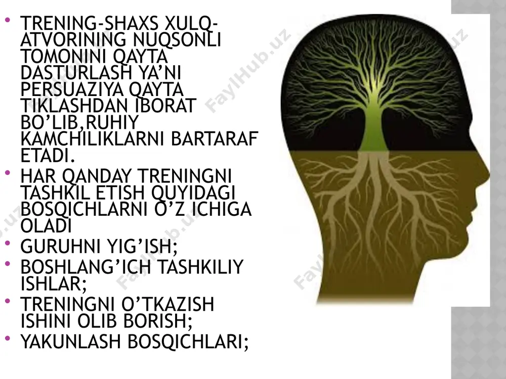 hli bilim, malaka va tajribaga ega bo’lishini taqazo etadi. trenerning asosiy vazifalari- -talablardan tashqari trener qatnashchilarning yoshi,jinsi,kasbiy malakasi,madaniyat darajasi,dunyoqarashi kabi xususiyatlarini ham hisobga olishi kerak; -imkoniyat boricha trener trening boshlanihidan oldin mashg’ulot mavzusi bo’yicha yozma matnlarni berishi lozim. trener roliga duch kelgan shaxsni jalb etib bo’lmaydi. sotsial psixologik treningni samaradorligi ishtirokchilarning faol qatnashishiga bog’liq bo’lsa,ikkinchi tomondan trenerga bog’liq. bu borada trener yuksak psixologik bilim,ko’nikma va malakaga ega bo’lishi talab etiladi. sotsial psixologik trening vazifalari quyidagilar -trening ishtirokchilarini umumiy qonunlar asosida jipslashtirish. -guruhida trening o’tkazishning asosiy tashkiliy tartibini belgilab berish. -qabul qilingan qonunlar asosida guruhni boshqarish imkoniyatlarini bilish. -trening qonunlarining trening maqsad va vazifalariga yo’nalganligi. trening o’tkziladigan guruhda asosan- -trening ishtirokchilari iloji boricha bir-biriga notanish bo’lishi lozim; -trening o’tkaziladigan xona albatta izolyatsiyalangan bo’lishi shart,ya’ni hech kim ularni bezovta qilmasligi va ular ham boshqalarga halaqit bermasligi shart; -rasmiylashgan guruh bo’lishiga yo’l qo’ymaslik kerak; -auditoriyaning erkin bo’lishini ta’minlash va auditoriyani yaxshi bilish talab …