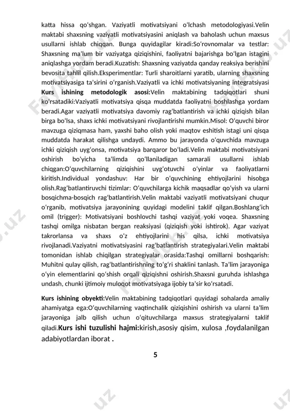 atsiyasi kurs ishining metodologik asosi:velin maktabining tadqiqotlari shuni ko‘rsatadiki:vaziyatli motivatsiya qisqa muddatda faoliyatni boshlashga yordam beradi.agar vaziyatli motivatsiya davomiy rag‘batlantirish va ichki qiziqish bilan birga bo‘lsa, shaxs ichki motivatsiyani rivojlantirishi mumkin.misol: o‘quvchi biror mavzuga qiziqmasa ham, yaxshi baho olish yoki maqtov eshitish istagi uni qisqa muddatda harakat qilishga undaydi. ammo bu jarayonda o‘quvchida mavzuga ichki qiziqish uyg‘onsa, motivatsiya barqaror bo‘ladi.velin maktabi motivatsiyani oshirish bo‘yicha ta’limda qo‘llaniladigan samarali usullarni ishlab chiqgan:o‘quvchilarning qiziqishini uyg‘otuvchi o‘yinlar va faoliyatlarni kiritish.individual yondashuv: har bir o‘quvchining ehtiyojlarini hisobga olish.rag‘batlantiruvchi tizimlar: o‘quvchilarga kichik maqsadlar qo‘yish va ularni bosqichma-bosqich rag‘batlantirish.velin maktabi vaziyatli motivatsiyani chuqur o‘rganib, motivatsiya jarayonining quyidagi modelini taklif qilgan.boshlang‘ich omil (trigger): motivatsiyani boshlovchi tashqi vaziyat yoki voqea. shaxsning tashqi omilga nisbatan bergan reaksiyasi (qiziqish yoki ishtirok). agar vaziyat takrorlansa va shaxs o‘z ehtiyojlarini his qilsa, ichki motivatsiya rivojlanadi.vaziyatni motivatsiyasini rag‘batlantirish strategiyalari.velin maktabi tomonidan ishlab chiqilgan strategiyalar orasida:tashqi omillarni boshqarish: muhitni qulay qilish, rag‘batlantirishning to‘g‘ri shaklini tanlash. …