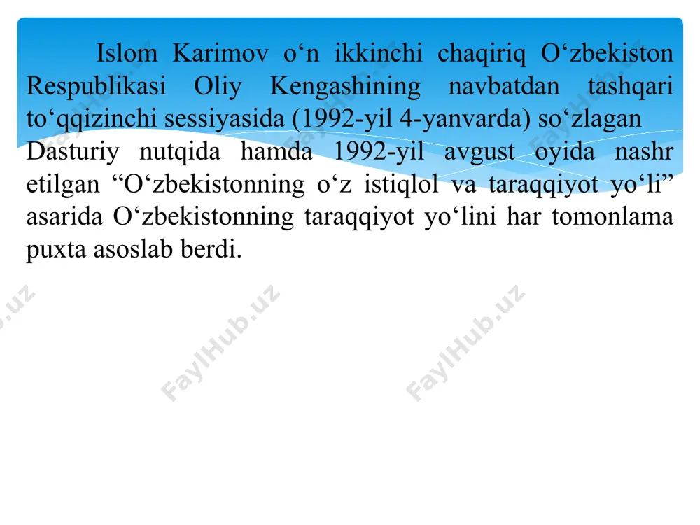 hirish. 2. mustaqil o‘zbekistonning yangi konstitutsiyasini yaratilishi. “mustaqillik deklaratsiyasi“ qabul qilingan o‘zbekiston oliy kengashining 1990-yil 20-iyunda bo‘lgan ikkinchi sessiyasidayoq yangi konstitutsiya ishlab chiqish lozim, degan xulosaga kelingan edi. sessiya o‘zbekiston prezidenti islom karimov boshchiligida 64 kishidan iborat konstitutsiya loyihasini tayyorlash bo‘yicha komissiya tuzish to‘g‘risida qaror qabul qiladi. komissiya tarkibiga oliy kengash deputatlari, qoraqalpog‘iston respublikasi va viloyatlar vakillari, davlat, jamoat tashkilotlari va xo‘jaliklarning rahbarlari, olimlar, mutaxassislar kiritildi. konstitutsiyaviy komissiya o‘zbekiston respublikasining konstitutsiyasini ishlab chiqish ustida qariyb 2,5 yil ishladi. konstitutsiyaviy komissiyaning 1991-yil 12-aprelda bo‘lib o‘tgan yig‘ilishida komissiya aʼzolari hamda yetakchi mutaxassislar va olimlardan iborat 32 kishilik ishchi guruhi tuzildi. konstitutsiya bo‘limlarini tayyorlash bo‘yicha 50 kishidan iborat 6 ta kichik guruhlar tuzildi. 1991-yil 31-avgustda o‘zbekiston davlat mustaqilligining eʼlon qilinishi va “o‘zbekiston respublikasining davlat mustaqilligi asoslari to‘g‘risida”gi qonunning qabul qilinishi, bu qonunga konstitutsiyaviy maqom berilishi konstitutsiyaviy komissiyaning masʼuliyatini yanada kuchaytirdi. 1992-yil 26-sentabrda o‘zbekiston respublikasi konstitutsiyasining loyihasi umumxalq muhokamasi uchun matbuotda eʼlon qilindi. muhokama …