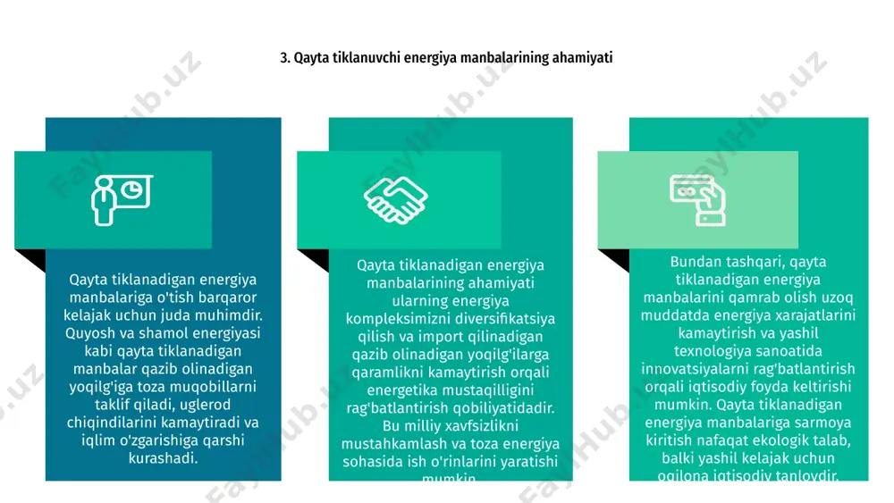 miy hayot sifatini yaxshilaydi. 10. muvaffaqiyatli qayta tiklanadigan energiya loyihalari bo'yicha amaliy tadqiqotlar qayta tiklanadigan energiya manbalariga o‘tish barqaror kelajak uchun zarurdir. muvaffaqiyatli loyihalar bo'yicha 10 ta amaliy tadqiqotlar orqali biz qayta tiklanadigan energiya yechimlarini amalga oshirishning afzalliklari va muammolari haqida bilib olishimiz mumkin. 01 ushbu amaliy tadqiqotlar qayta tiklanadigan energiya manbalarining turli loyihalari qanday amalga oshirilganligi va ularning jamoalar va atrof-muhitga ta'siri haqida qimmatli tushunchalarni beradi. 03 02 ushbu muvaffaqiyatli loyihalarni o'rganish orqali biz yangi innovatsiyalar va qayta tiklanadigan energiya manbalarini kengroq miqyosda o'zlashtirish uchun qimmatli bilim va ilhom olishimiz mumkin. 11. qayta tiklanadigan energiya manbalarining kelajak istiqbollari qayta tiklanadigan energiya manbalariga o'tayotganimiz sababli, kelajak istiqbollari istiqbolli. texnologiyaning rivojlanishi va iqlim o'zgarishi haqida global xabardorlikning oshishi bilan qayta tiklanadigan energiya o'sib bormoqda. quyosh, shamol va gidroenergetika kabi qayta tiklanadigan energiya manbalari tejamkor va samarali bo‘lib bormoqda. toza energiyaga o'tish uglerod chiqindilarini kamaytirish va barqaror kelajakni yaratish uchun juda muhimdir. …