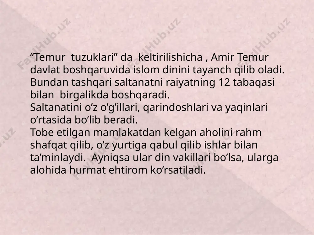 oshqaruv apparati, boshqaruvdagi ikki muhim, hamda asosiy idora- dargoh va devonlar ( vazirliklar) mavjud edi. dargoh- oliy maqomdagi davlat tuzilmasi devon- ma’lum bir vazirliklar. amir temur davlatining boshqaruvi 2 tizimga bo’lingan: qonun chiqaruvchi- qurultoy yoki kengashlar ijroiya tizimi- devonlar va bosh idoralar. dargoh faoliyati boshqaruvidagi mansab va vazifalar arzbegi- dargohga arz-dod , shikoyat bilan kelganlarni hamda mamlakatda sodir bo’layotgan voqealarga o’z munosabatlarini bildiruvchilarni qabul qilishni uyushtirib turish edi. undan tashqari tushgan arizalar, shikoyatlar, takliflarni hukmdorga yetkazib turish ham uning vazifasi bo’lgan; adolat amiri- bu mansabdagi shaxs turli o’lka, viloyat va shaharlarda “sipoh va raiyat orasida urf-odatlarga oid janjalli ishlar haqida” oliy hukmdorga hisobot yetkazib turgan; aminlar- tushgan ma’lumotlarni joylarga topshirib, adolatsizlik, tartibsizlik, davlat va jamiyat manfaatiga zid ishlar haqida yozma ma’lumotlar berib turadigan maxsus ishonchli vakillar hisoblanib, ularning vazifasiga bundan tashqari, tobe yerlardan to’lovlarni yig’ish ham kirgan; tavochi- oliy farmonga ko’ra, joylarga borib harbiy yurish uchun lashkar to’plash bilan shug’ullangan. …