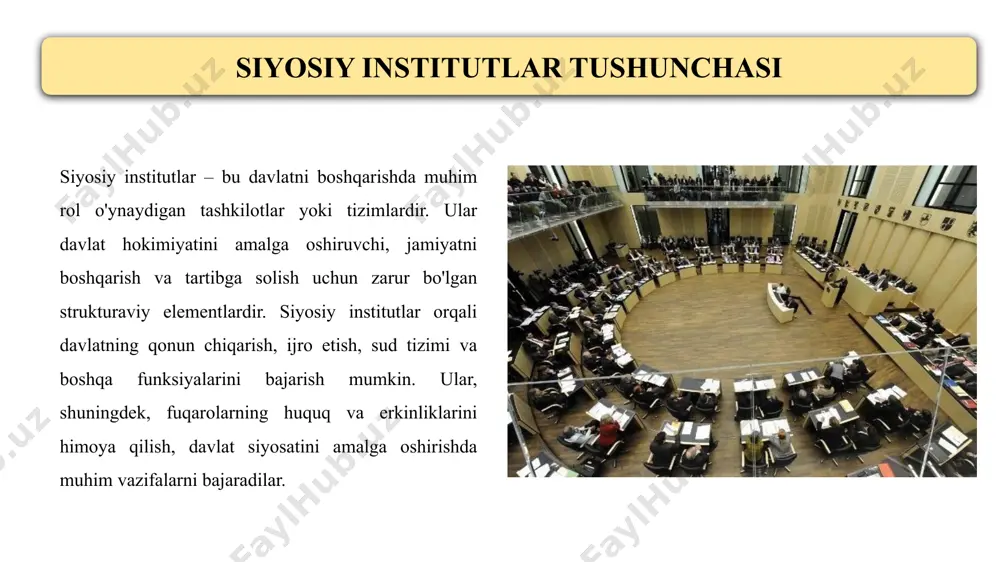 y asosda ishlashi ta’minlanadi. siyosiy institutlar va fuqarolik jamiyati siyosiy institutlar fuqarolik jamiyati bilan uzviy bog‘liq: fuqarolik jamiyati — fuqarolarning o‘z manfaatlarini ifodalovchi va himoya qiluvchi mustaqil tashkilotlar majmuasidir. siyosiy institutlar fuqarolik jamiyatining rivojlanishi uchun huquqiy va siyosiy sharoit yaratadi. o‘zaro hamkorlik orqali davlat va jamiyat o‘rtasida ochiq muloqot shakllanadi. masalan, o‘zbekistonda nodavlat notijorat tashkilotlari, ommaviy axborot vositalari va jamoat kengashlari fuqarolik jamiyatining muhim bo‘g‘inlari hisoblanadi. siyosiy institutlarning rivojlanish bosqichlari siyosiy institutlar tarixiy rivojlanish jarayonida bir necha bosqichlardan o'tgan: bugungi kunda ko‘plab davlatlar demokratik siyosiy institutlar asosida boshqaruv yuritmoqda. an’anaviy bosqich – monarxiya, urug‘-qabila boshqaruvi kabi qadimiy shakllar hukmron bo‘lgan. absolyut monarxiya – hokimiyat butunlay bir shaxs qo‘lida jamlangan davr. konstitutsiyaviy boshqaruv – qonun ustuvorligi va hokimiyat tarmoqlarining ajralishi boshlanadi. zamonaviy demokratik institutlar – saylov, parlament, sud mustaqilligi va fuqarolik erkinliklari asosida shakllangan tizim. o‘zbekiston respublikasidagi siyosiy institutlar o‘zbekistonda siyosiy institutlar konstitutsiyaga asoslangan holda faoliyat yuritadi: prezident – davlat rahbari …