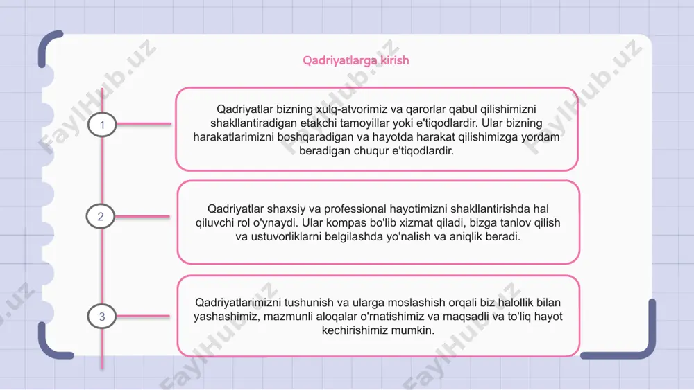 korlik va innovatsiyalarni aralashtirib yuboradi. biz xilma-xillikni qabul qilganimizda va nishonlaganimizda, biz o'zimizni yangi g'oyalar, yondashuvlar va tushunchalarga ochamiz, bu esa yutuqlar va yaxshiroq echimlarga olib kelishi mumkin. qaror qabul qilishda qadriyatlarning roli qadriyatlar qaror qabul qilishda hal qiluvchi rol o'ynaydi, chunki ular bizning tanlovlarimiz va harakatlarimizni boshqaradi. ular ma'lum bir vaziyatda nima to'g'ri va nima noto'g'ri ekanligini aniqlashga yordam beradigan axloqiy kompas vazifasini bajaradi. qadriyatlarimizni hisobga olsak, biz e'tiqod va tamoyillarimizga mos keladigan qarorlar qabul qilishimiz mumkin. qadriyatlarning madaniy va ijtimoiy ta'siri qadriyatlar jamiyatning madaniy va ijtimoiy ta'sirini shakllantirishda hal qiluvchi rol o'ynaydi. ular odamlarning fikrlash tarziga, o'zini tutishiga va bir-biri bilan munosabatiga ta'sir qiladi. madaniy va ijtimoiy qadriyatlar umumiy e'tiqodlar, me'yorlar va urf-odatlar uchun asos bo'lib xizmat qiladi. etika va qadriyatlar axloq va qadriyatlar insonning xulq-atvori va qaror qabul qilishiga rahbarlik qiluvchi muhim tamoyillardir. ular nima to'g'ri va nima noto'g'ri ekanligini aniqlaydi va shaxslar va jamiyatlarga murakkab vaziyatlarda …