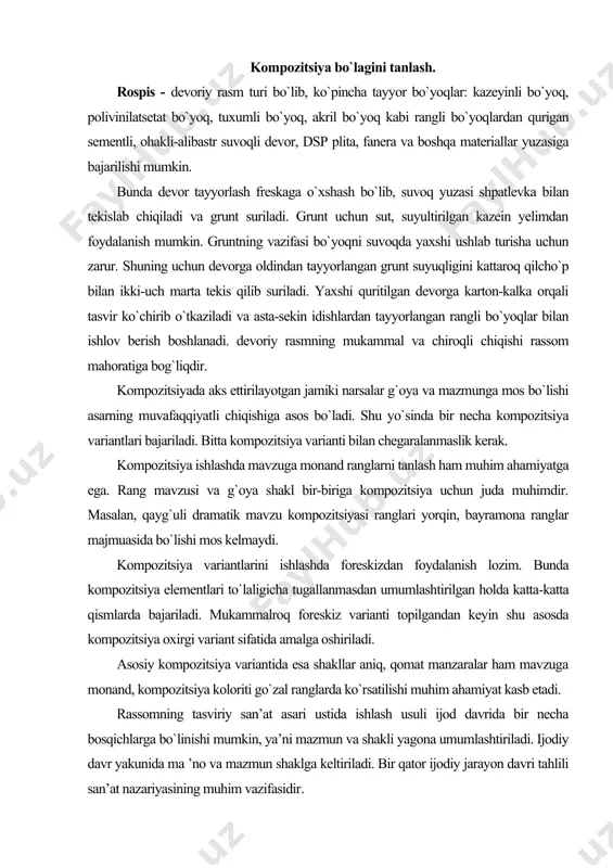 buyumlar shaklidagi rang tuslari, reflekslar va jism bo`laklari ustida qar qancha berilib ishlanmasin, yuqori saviyali mukammal rangtasvirga erishib bo`lmaydi. qalamtasvirni ishlashda qam taxliliy masala bajariladi: dastlab buyumning «konstruktiv»-ichki qurilishi, nisbatlari, yaxlit umumiy shakl topiladi. rassom shunday sharoitda aslo bu masaladan chekinmaydi, naturani umumiy va yaxlit ko`radi. n.n.ge bejiz rassomlarni ogoqlantirmagan: «natura» dagi bosh qismlarni belgilab, nisbatlarni tekshirish uchun darqol asosiy soya va yoruqlikni umumiy sinchiklab o`rganib chiqing va qar doim, qar vaqt tasvirni boshidan oxirigacha umumlashtirgan qolda chizing qamda mayda bo`laklarga oqista kirishing. mana sizlarga chizishning siri». suvoq qatlamlarini tayyorlash. birinchi uslub - kulolchilik loyi bilan pishirilgan qalinligi kamida 2 sm bo`lgan plitalar tayyorlanib (uning kamchiligi kichik o`lchamligidadir). orqa tomoni g`adir - budir bo`lib, devorga sementli loy yopishtiriladi. plitalar oralig`i esa ochiq qoldiriladi, ya’ni loy blan to`ldirilmaydi. shu usulda tayyorlangan devorda freska ishlash qulay hisoblanadi. chunki plitalar namlikni uzoq saqlab, freska rangtasvirini ishlashga qulaylik yaratadi va devor suvog`ining oqarishi (oq …